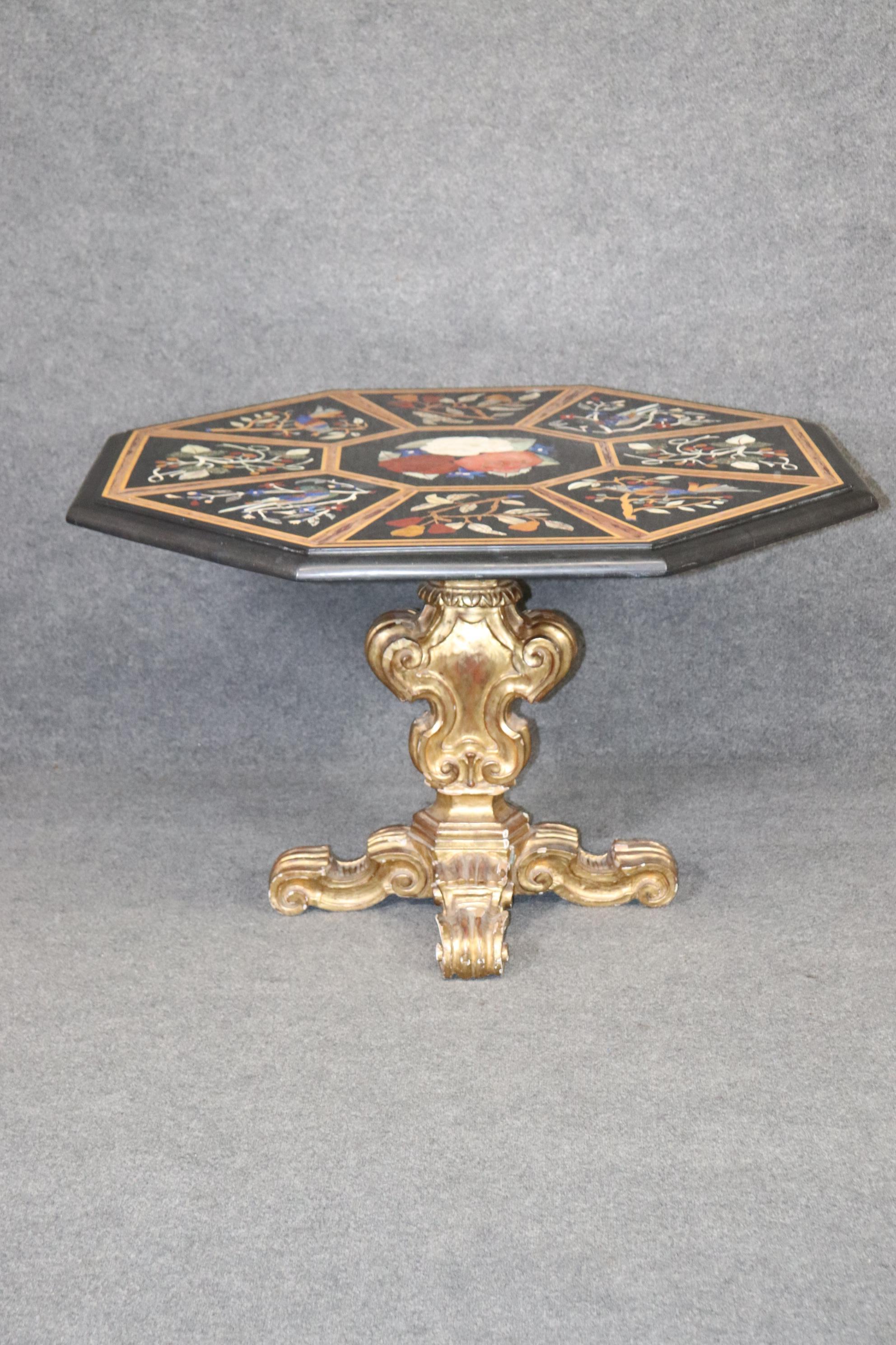 Italian Gilded Rococo Pietra Dura Inlaid Marble Top Center Table, circa 1950s For Sale 3