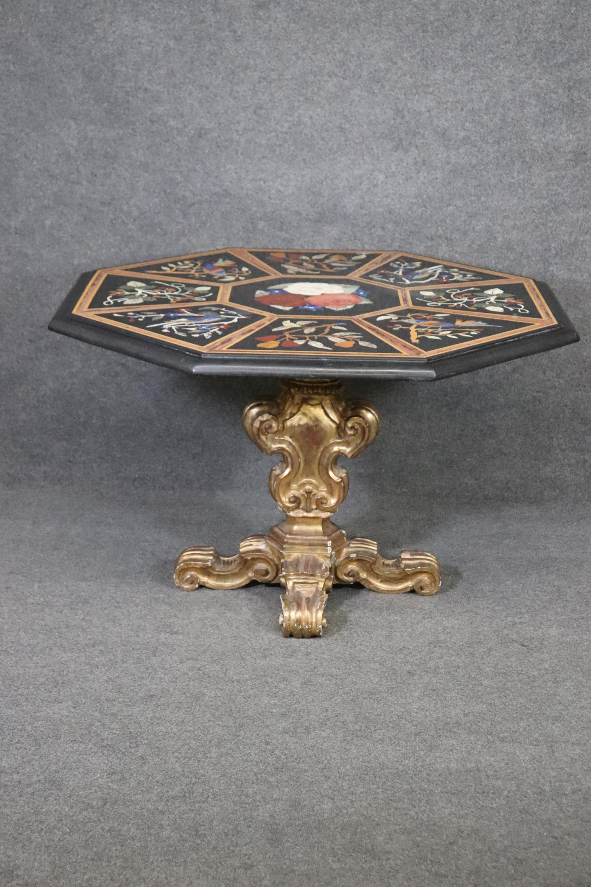 Italian Gilded Rococo Pietra Dura Inlaid Marble Top Center Table, circa 1950s For Sale 4