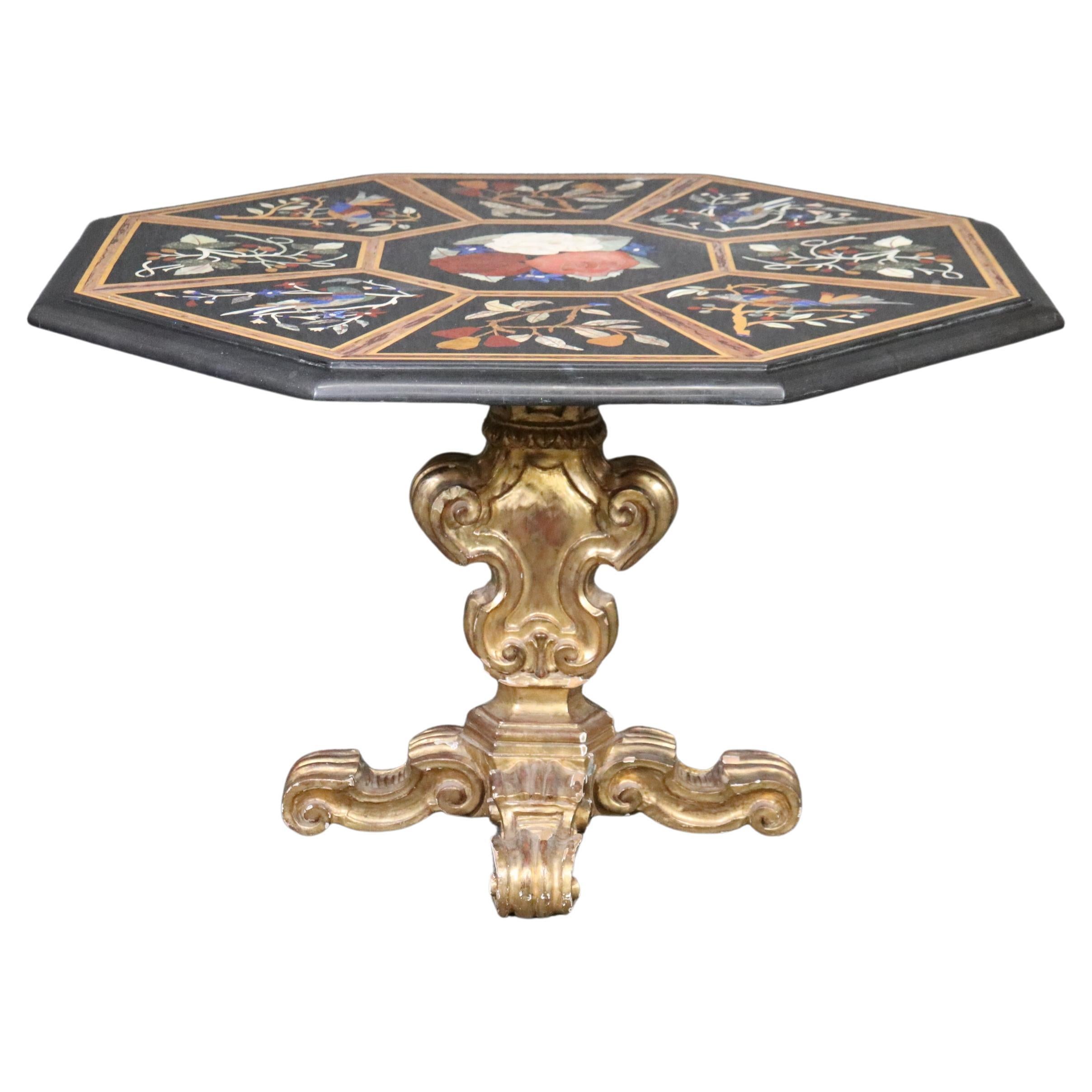 Italian Gilded Rococo Pietra Dura Inlaid Marble Top Center Table, circa 1950s