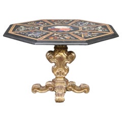 Vintage Italian Gilded Rococo Pietra Dura Inlaid Marble Top Center Table, circa 1950s