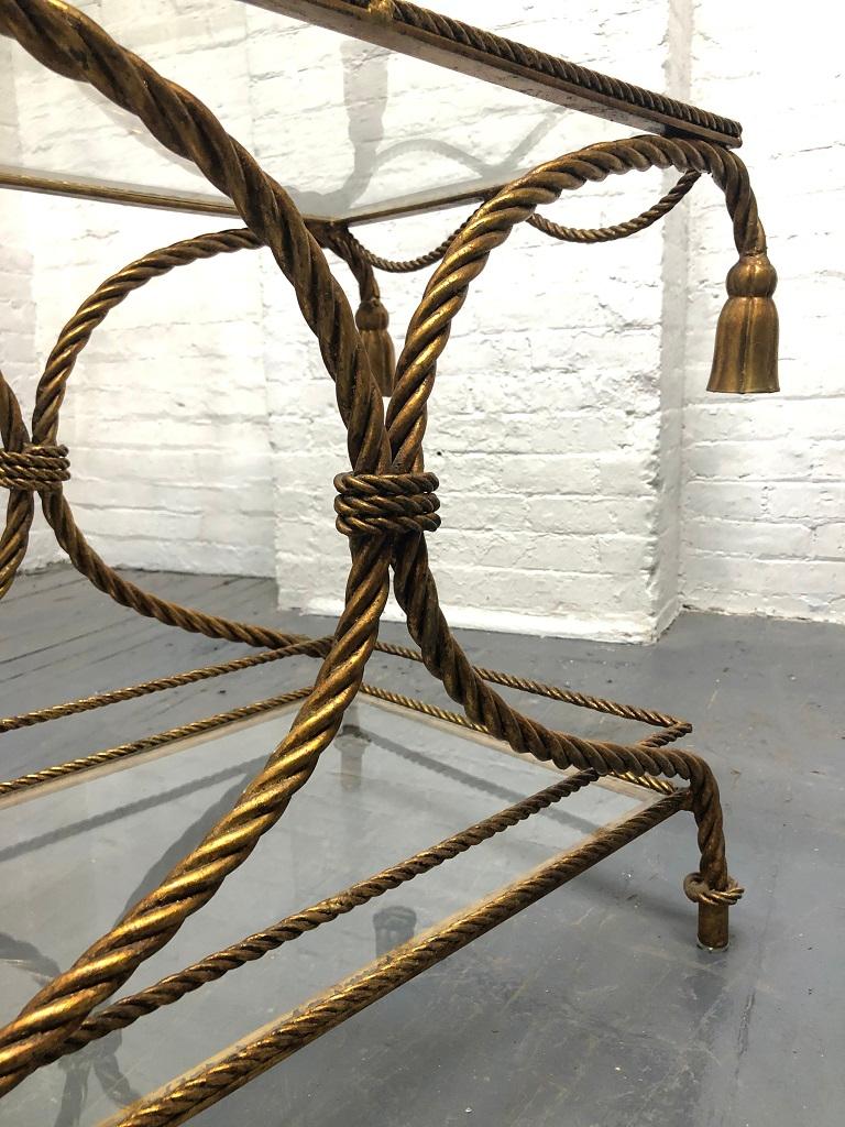 Mid-20th Century Italian Gilded Rope and Tassel Two-Tier Side Table / Bar Cart For Sale
