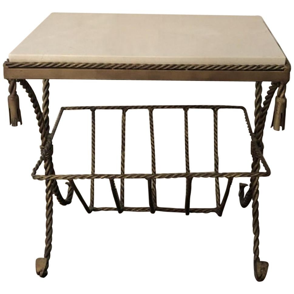 Italian Gilded Side Table with Marble Top and Magazine Rack