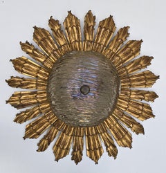 Italian Gilded Sunburst Ceiling or Wall Light with Textured Glass Shade, 1950s