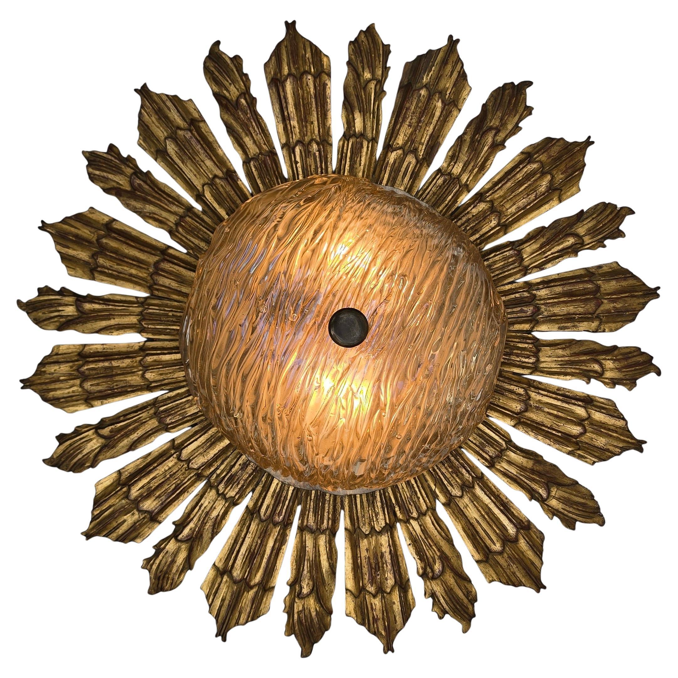 Italian Gilded Sunburst Ceiling or Wall Light with Textured Glass Shade, 1950s