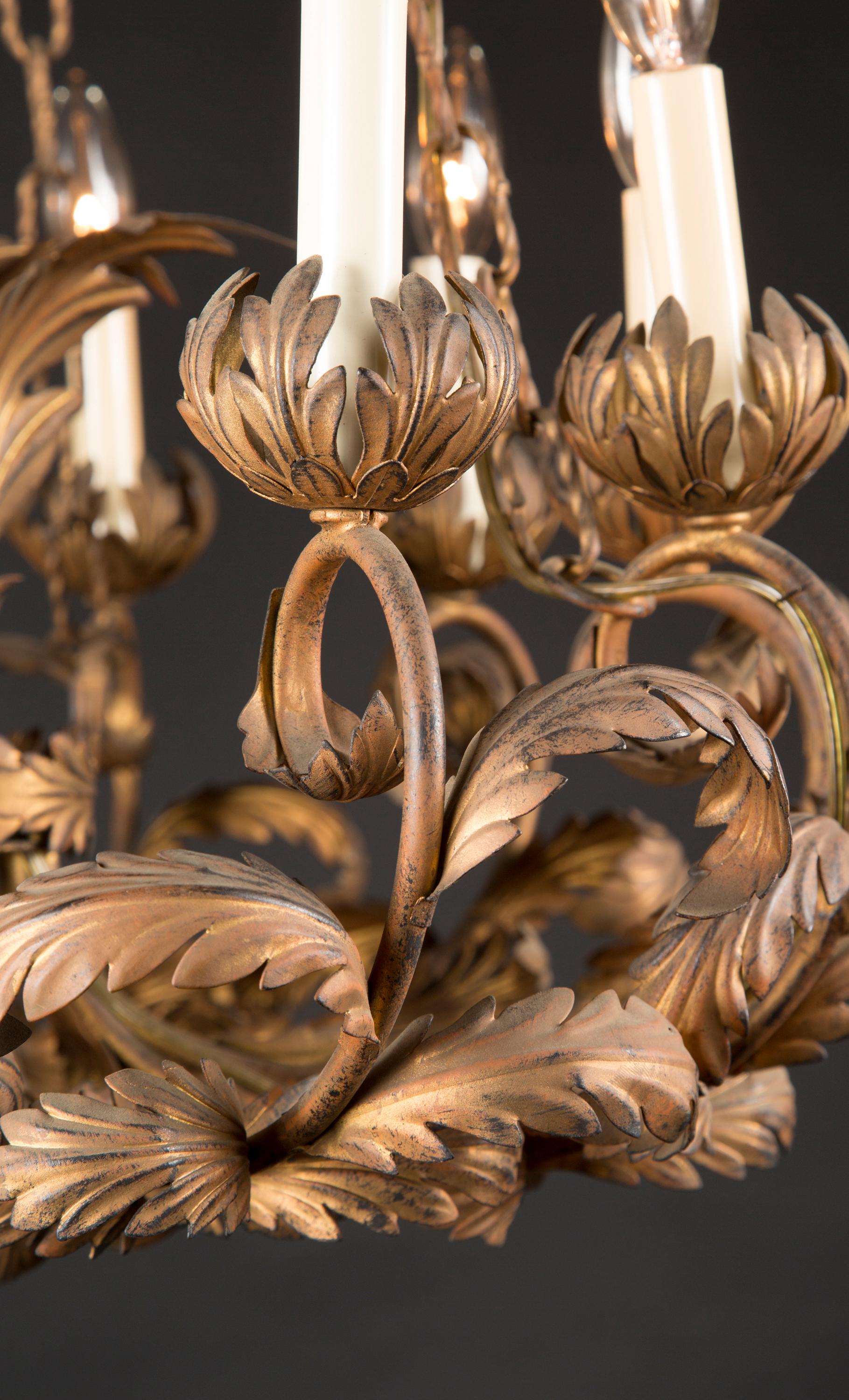 French Italian Gilded Tole Leaf Chandelier, Mid 20th Century  For Sale