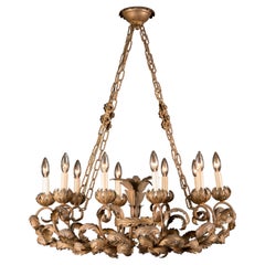 Italian Gilded Tole Leaf Chandelier, Mid 20th Century