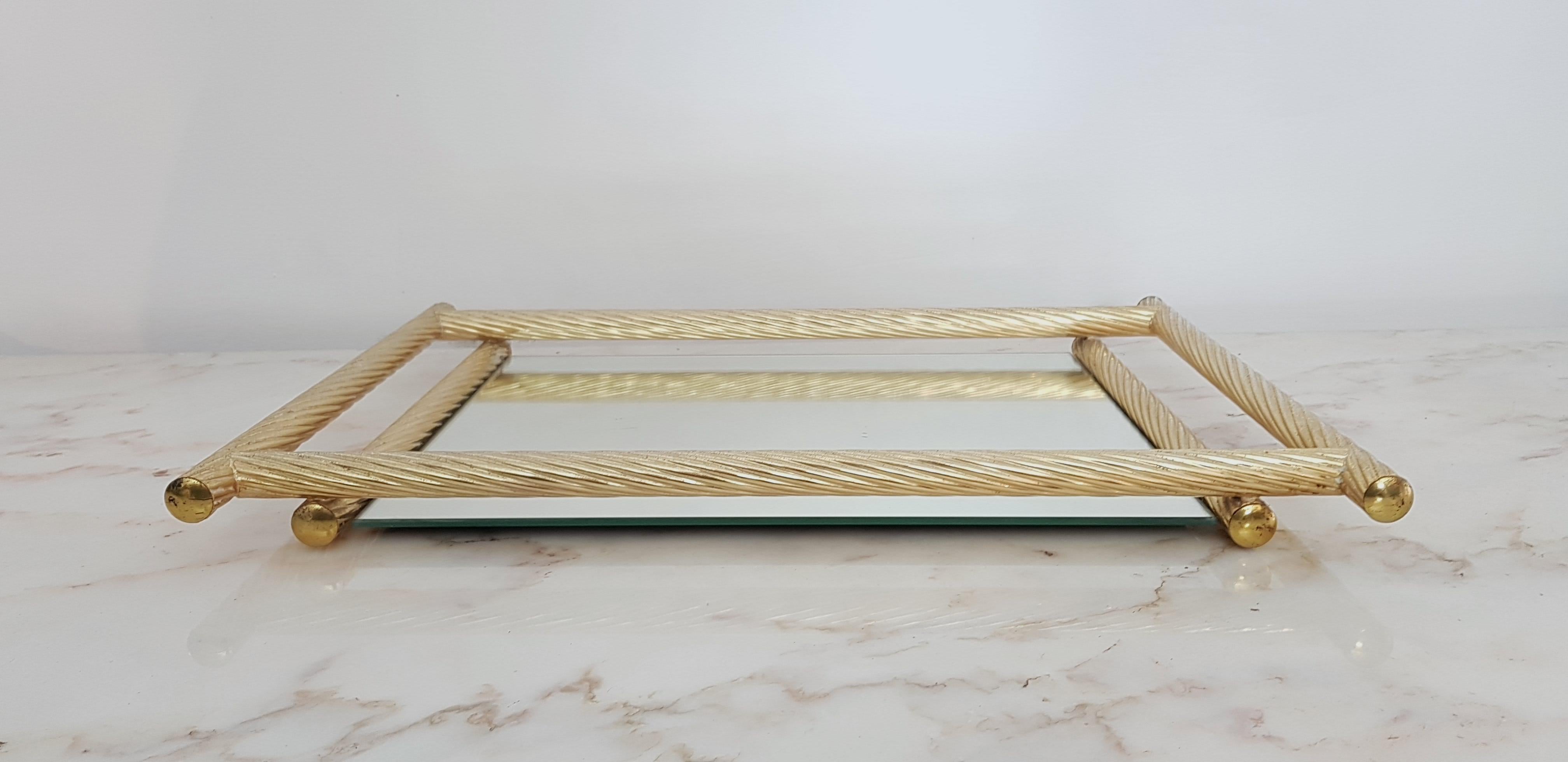 Metal Italian Gilded Tray with Mirror, circa 1970 For Sale