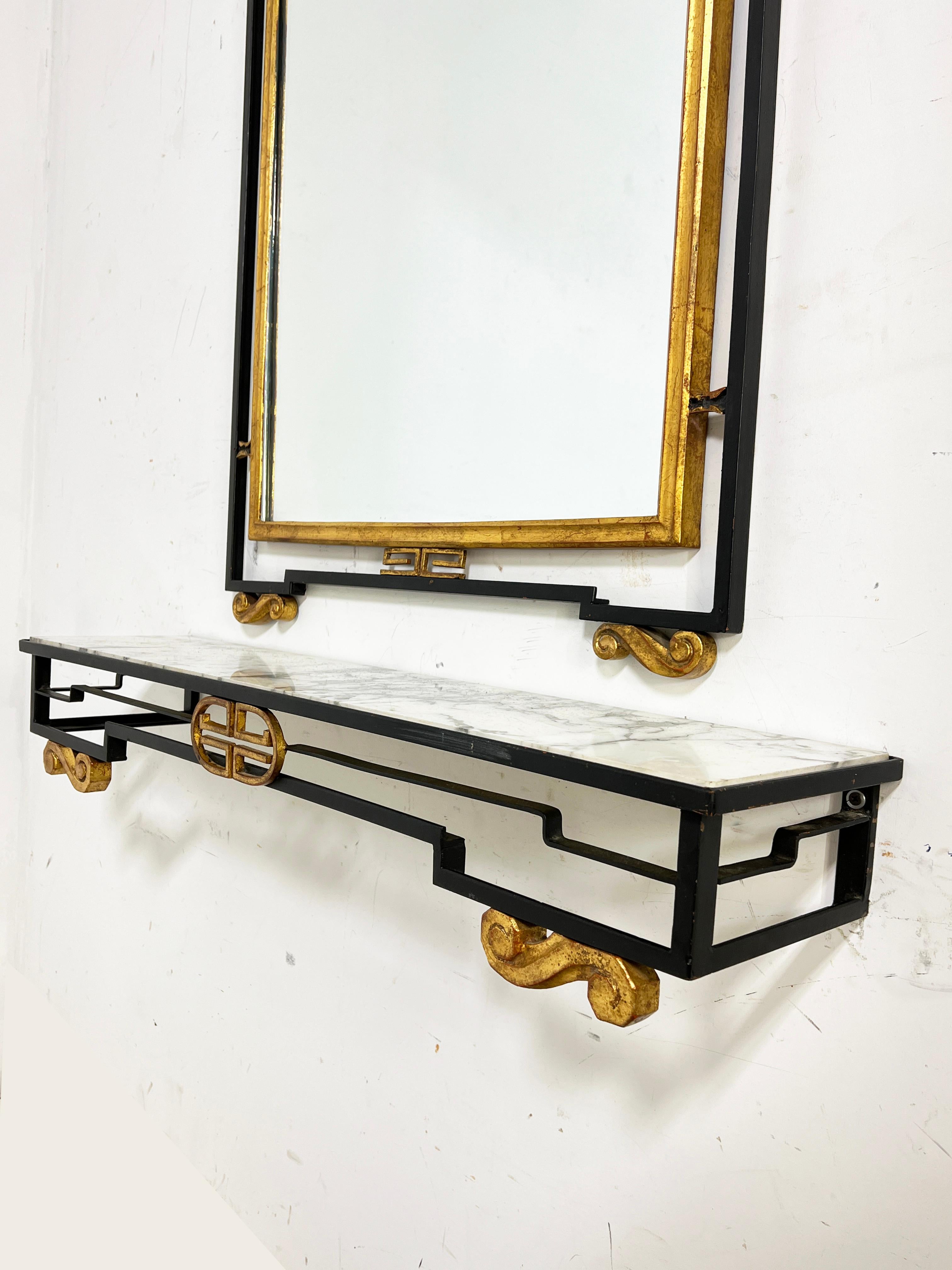 Hollywood Regency Miroir mural doré et console à plateau de marbre italiens par Palladio, vers 1950 1950s en vente