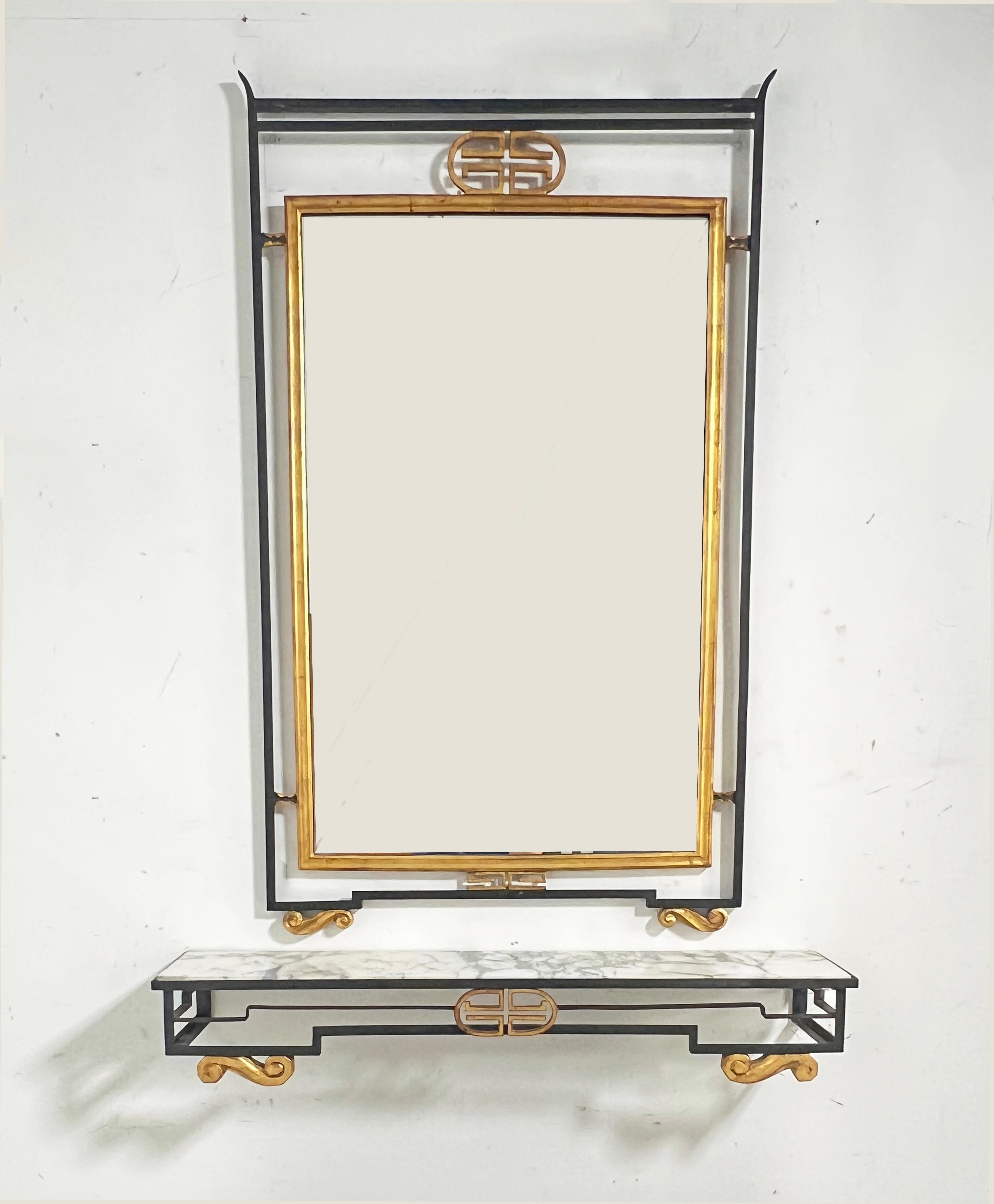 Milieu du XXe siècle Miroir mural doré et console à plateau de marbre italiens par Palladio, vers 1950 1950s en vente