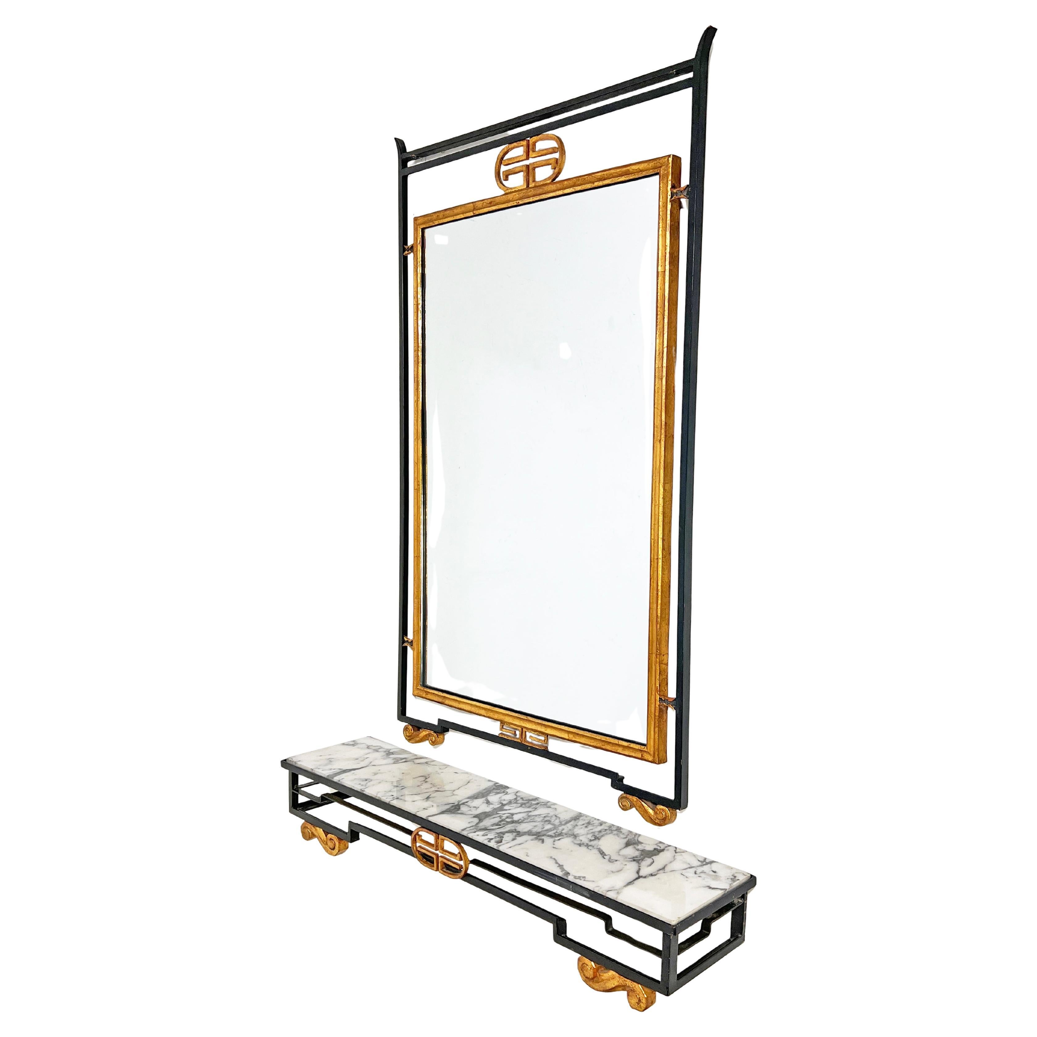 Miroir mural doré et console à plateau de marbre italiens par Palladio, vers 1950 1950s en vente