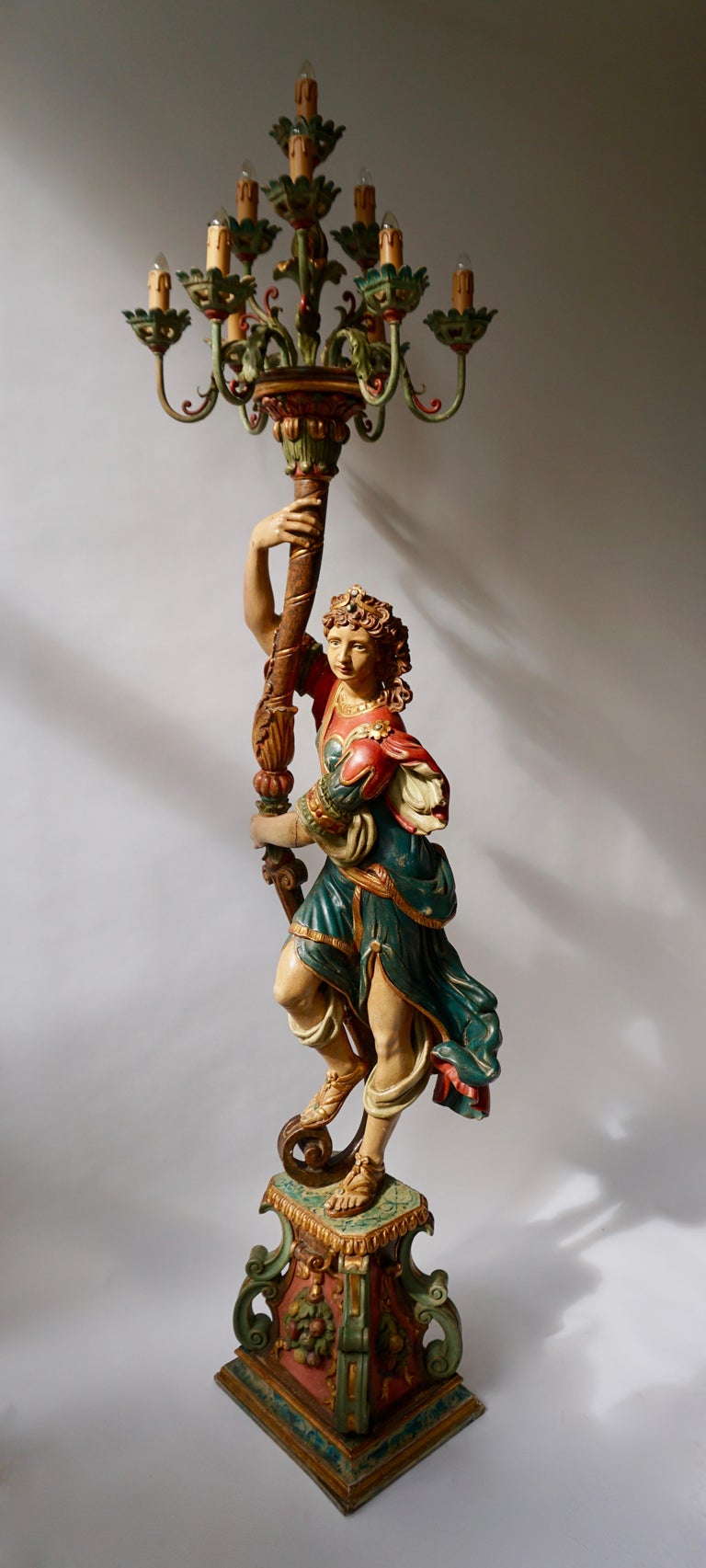 Italian Gilded Wood Figural Torchère Candelabra Floor Lamp at