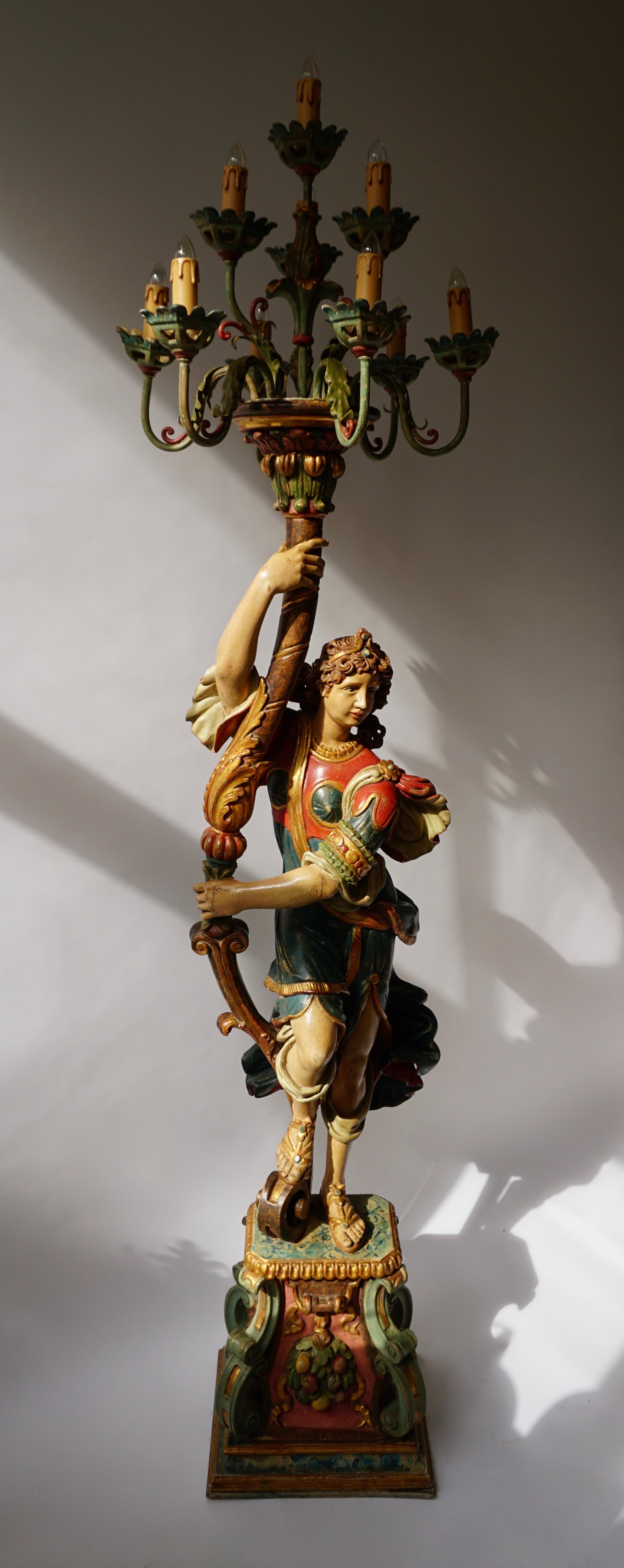 Hollywood Regency Italian Gilded Wood Venetian Figural Torchère Candelabra Floor Lamp