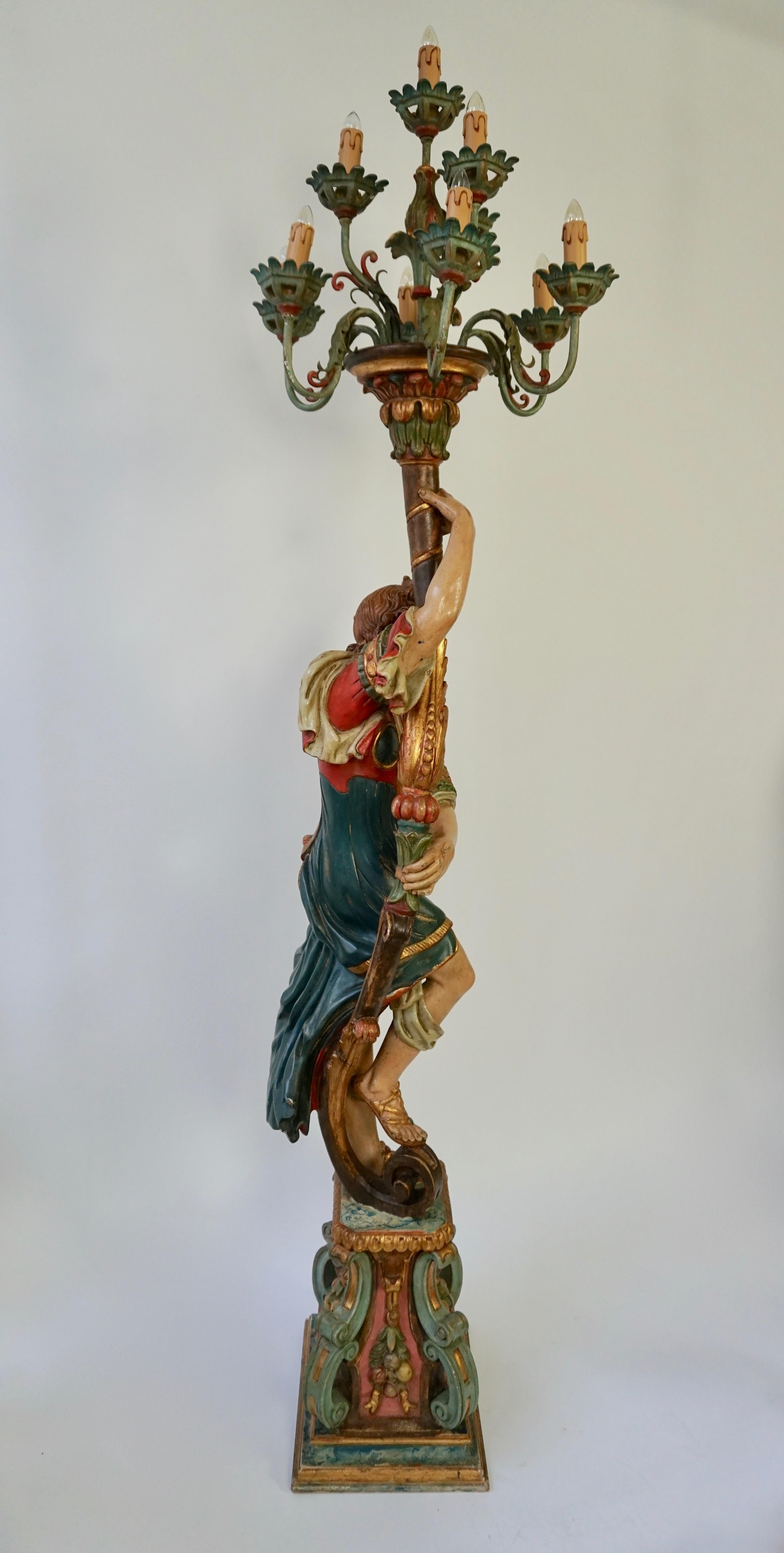 20th Century Italian Gilded Wood Venetian Figural Torchère Candelabra Floor Lamp