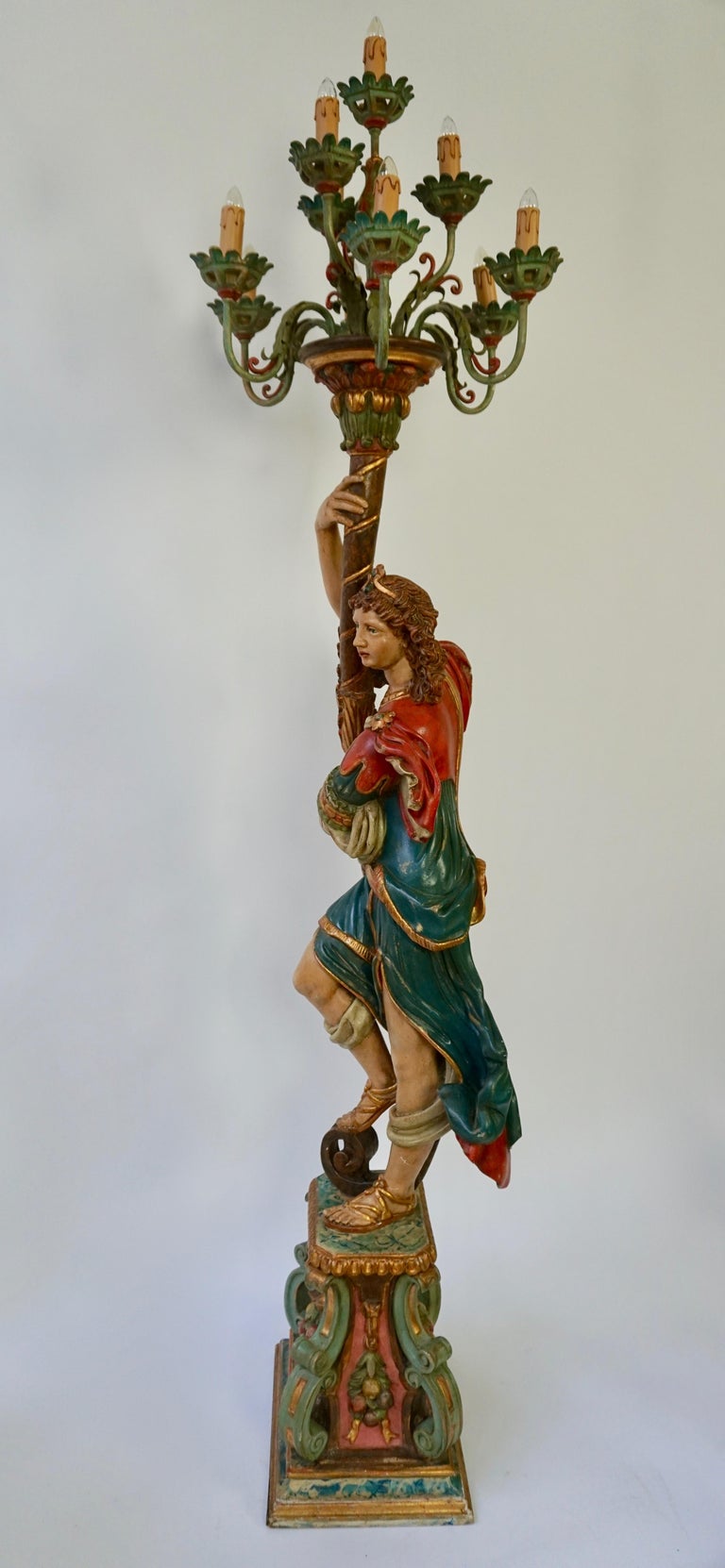 Italian Gilded Wood Figural Torchère Candelabra Floor Lamp at