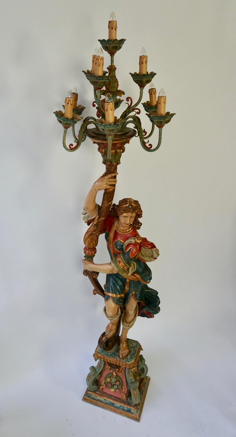 Italian Gilded Wood Figural Torchère Candelabra Floor Lamp at