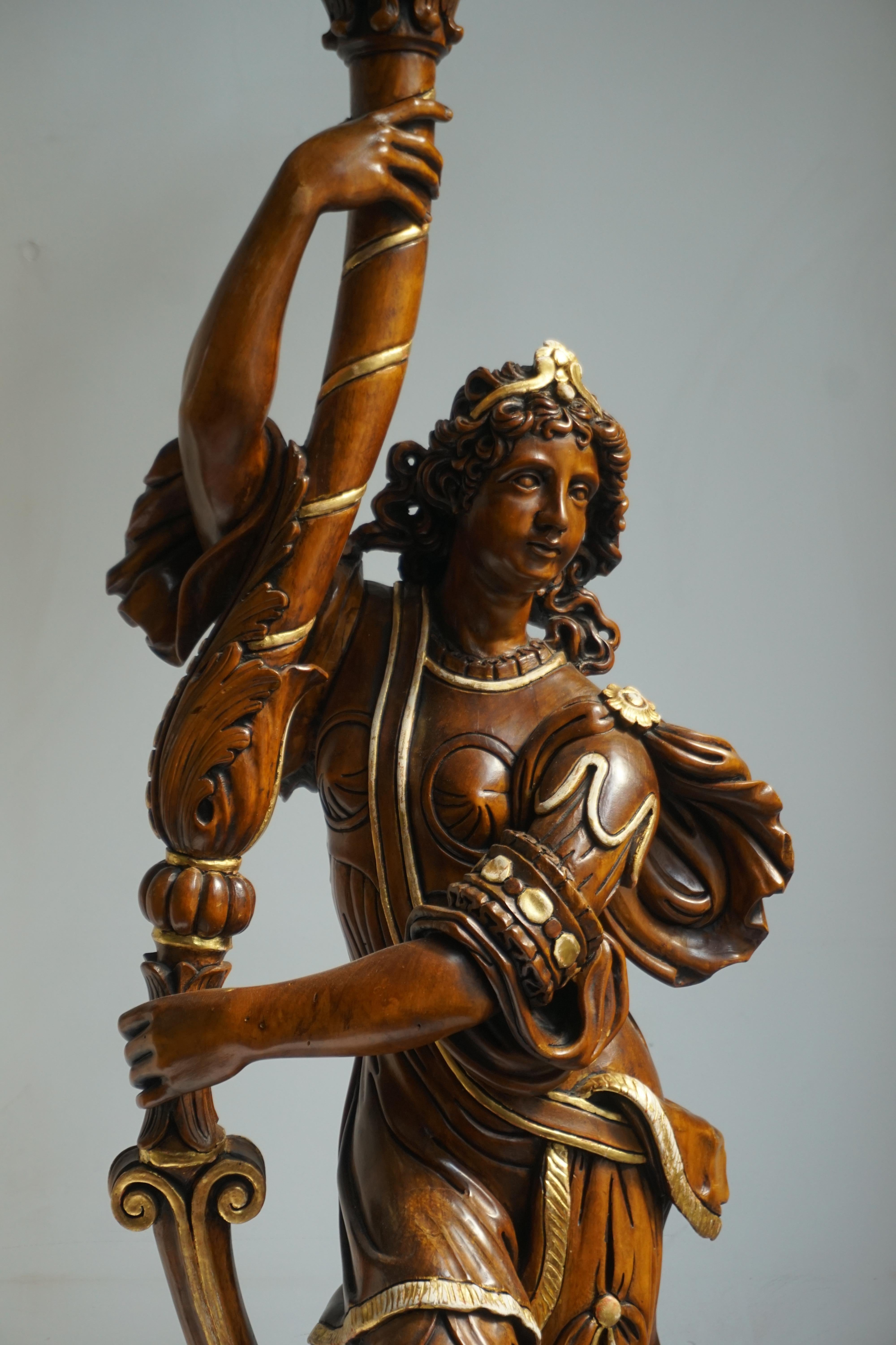 Metal Italian Gilded Wood Venetian Figural Torchère Candelabra Floor Lamp For Sale
