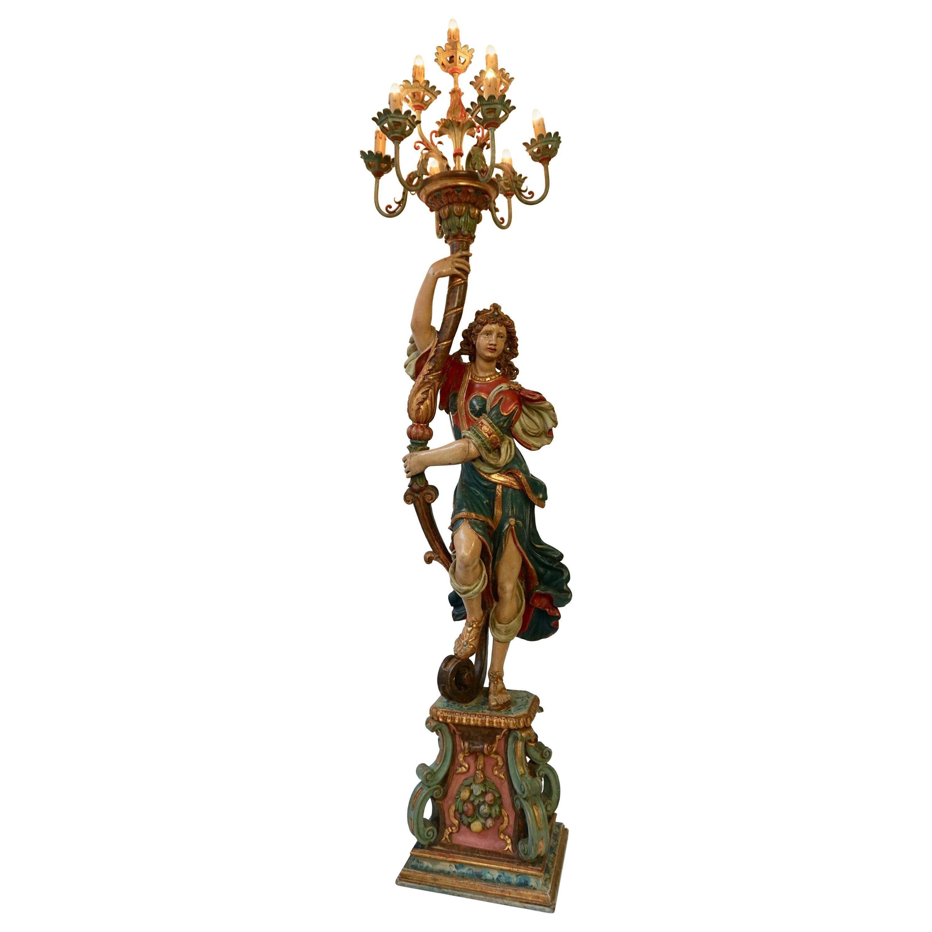Italian Gilded Wood Venetian Figural Torchère Candelabra Floor Lamp