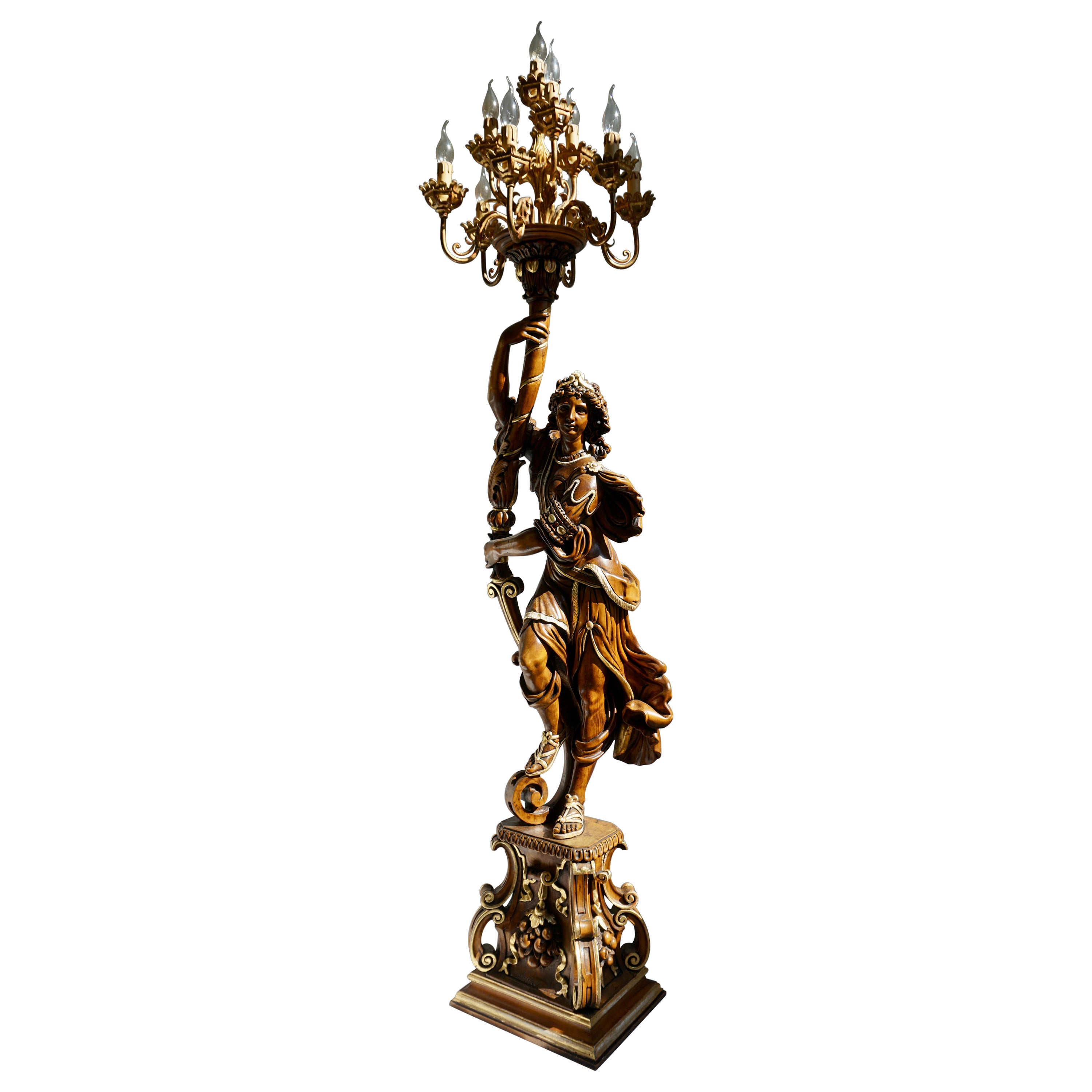 Lámpara de pie italiana de madera dorada veneciana Figural Torchère Candelabro