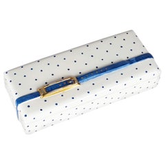 Scatola italiana in ceramica dorata e blu degli anni '70-'80 con pois e tracolla