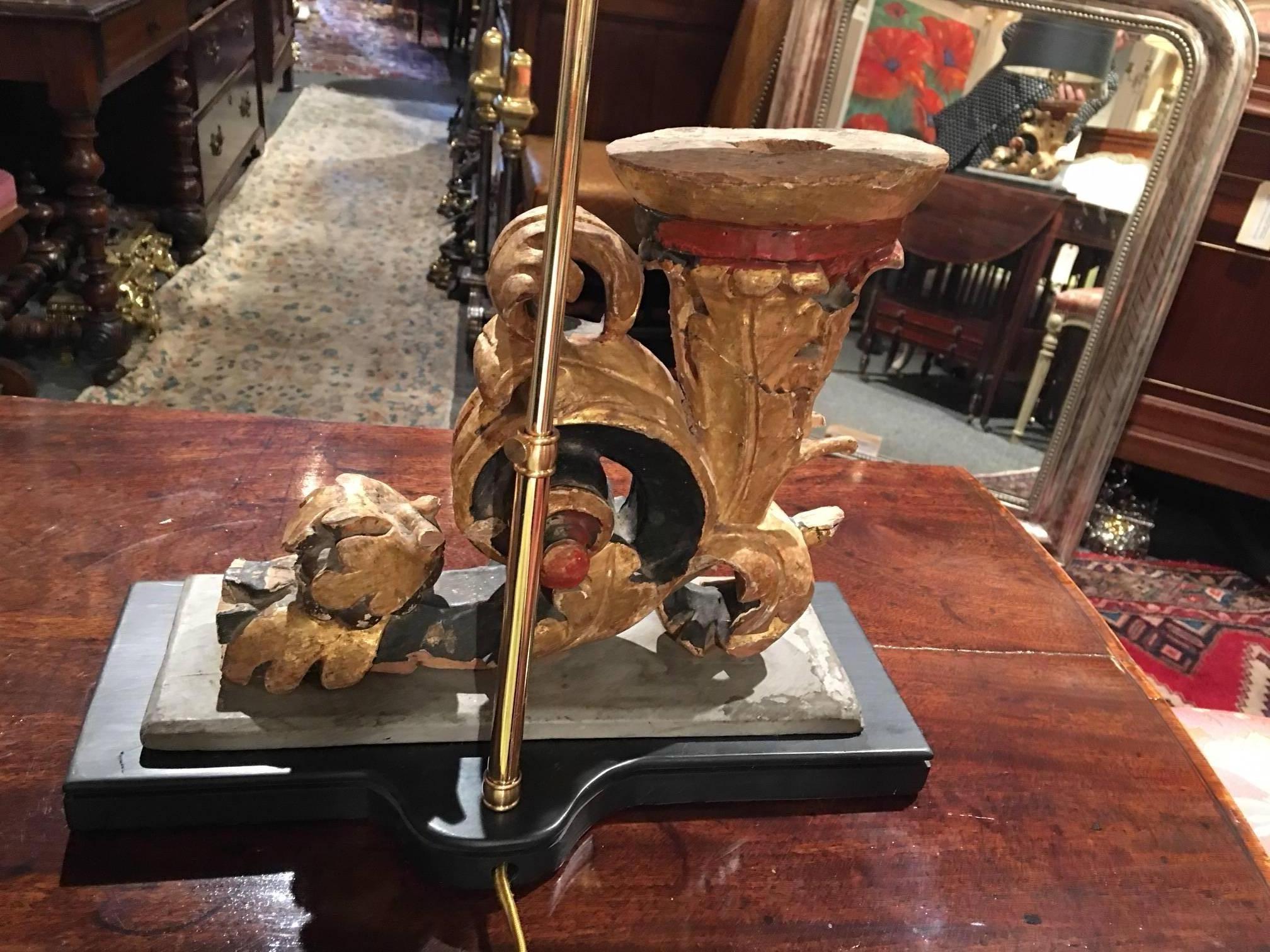 Italian Gilt and Painted Wood Scroll Fragment Adapted as a Lamp, 18th Century For Sale 3