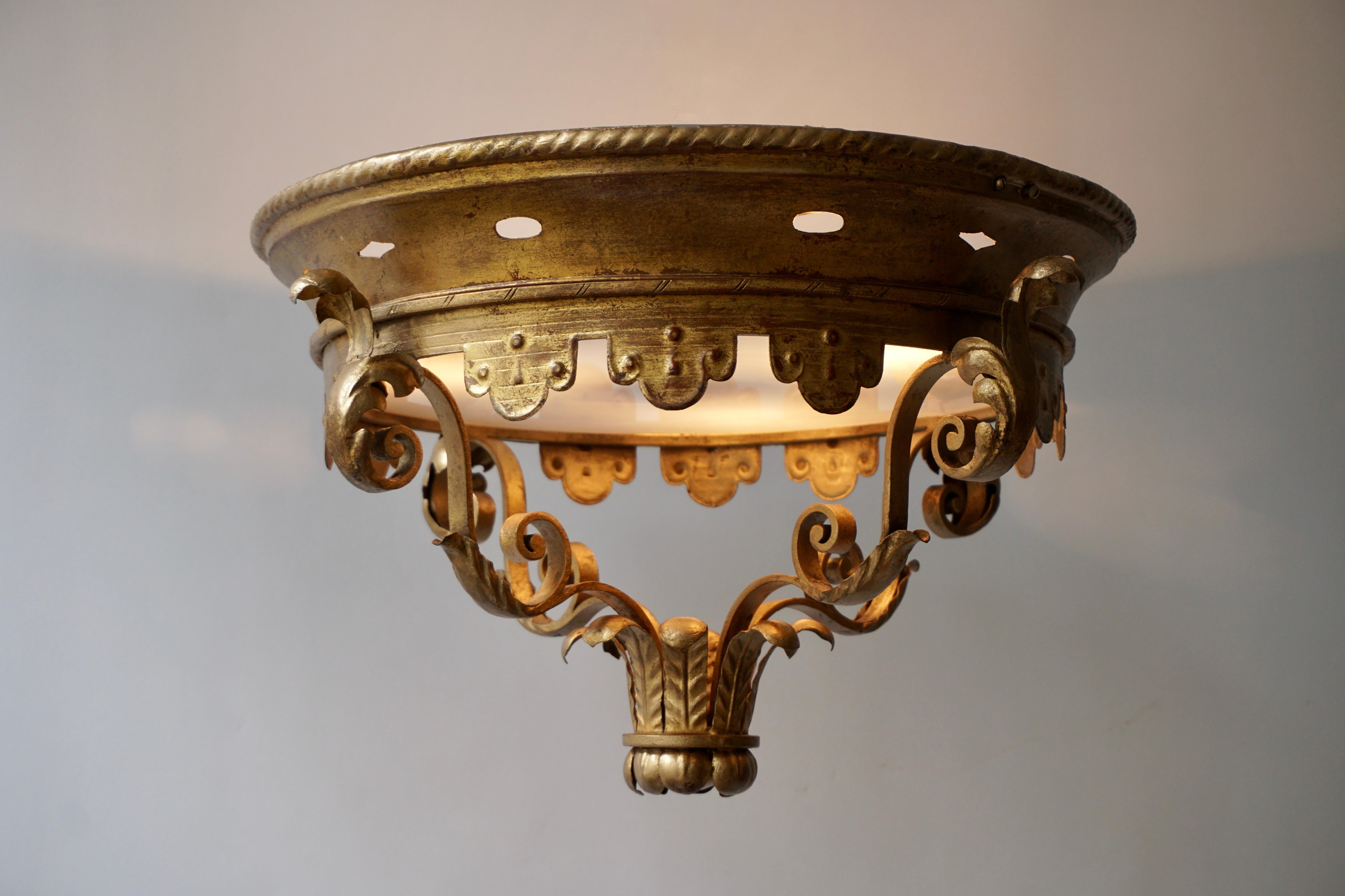 Italian Gilt and Satin Glass Flush Mount Light 4