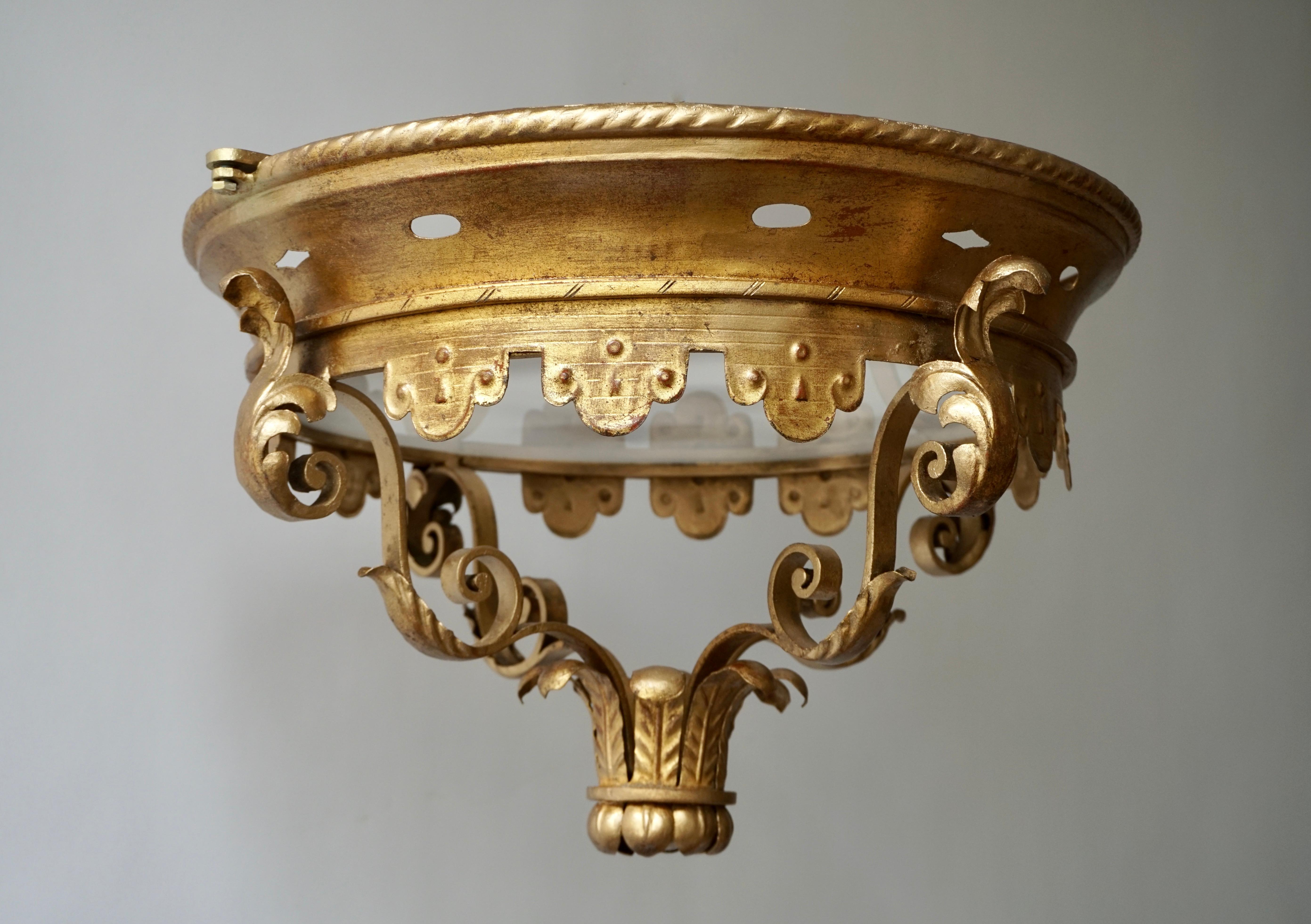 Italian Gilt and Satin Glass Flush Mount Light 5