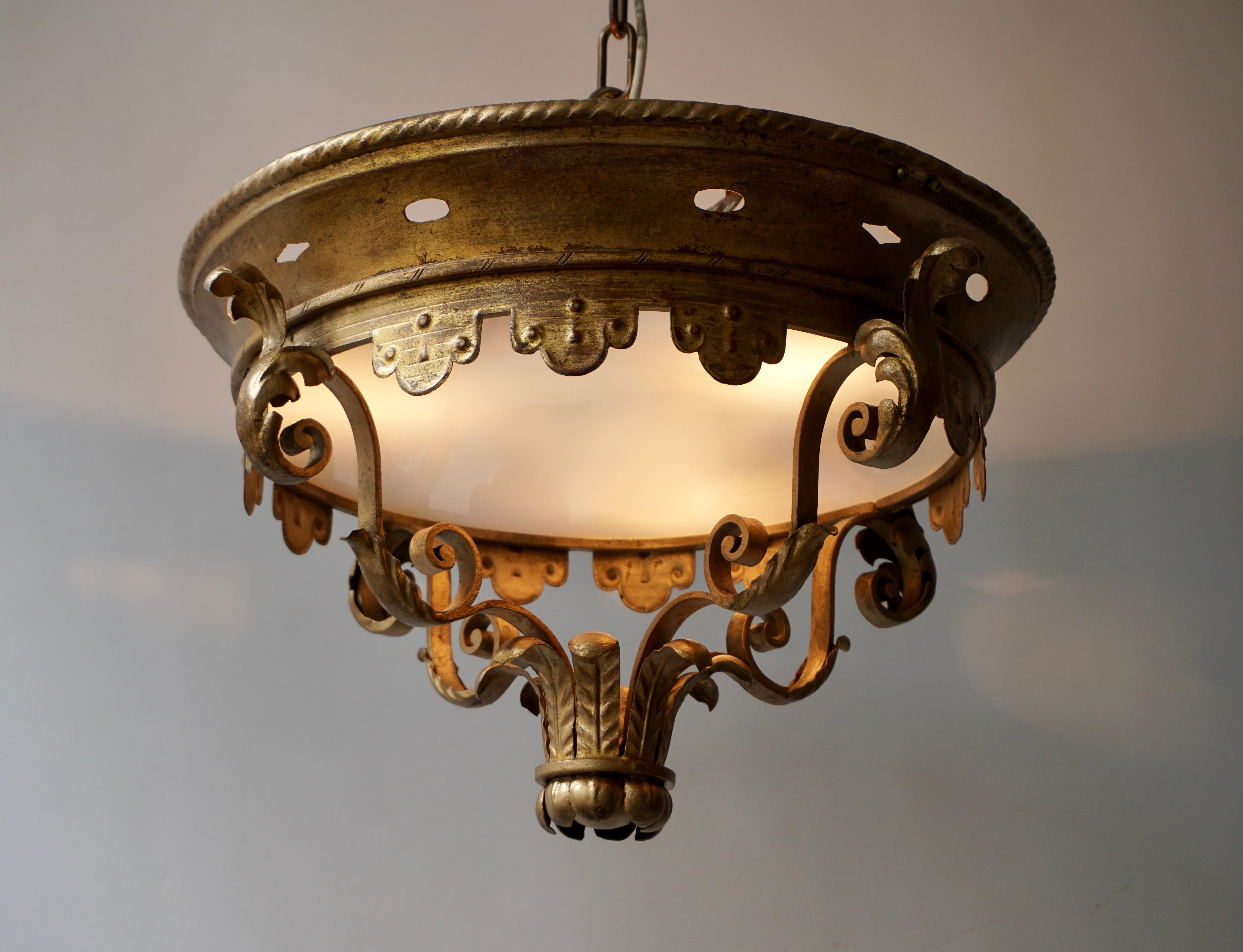 Hollywood Regency Italian Gilt and Satin Glass Flush Mount Light