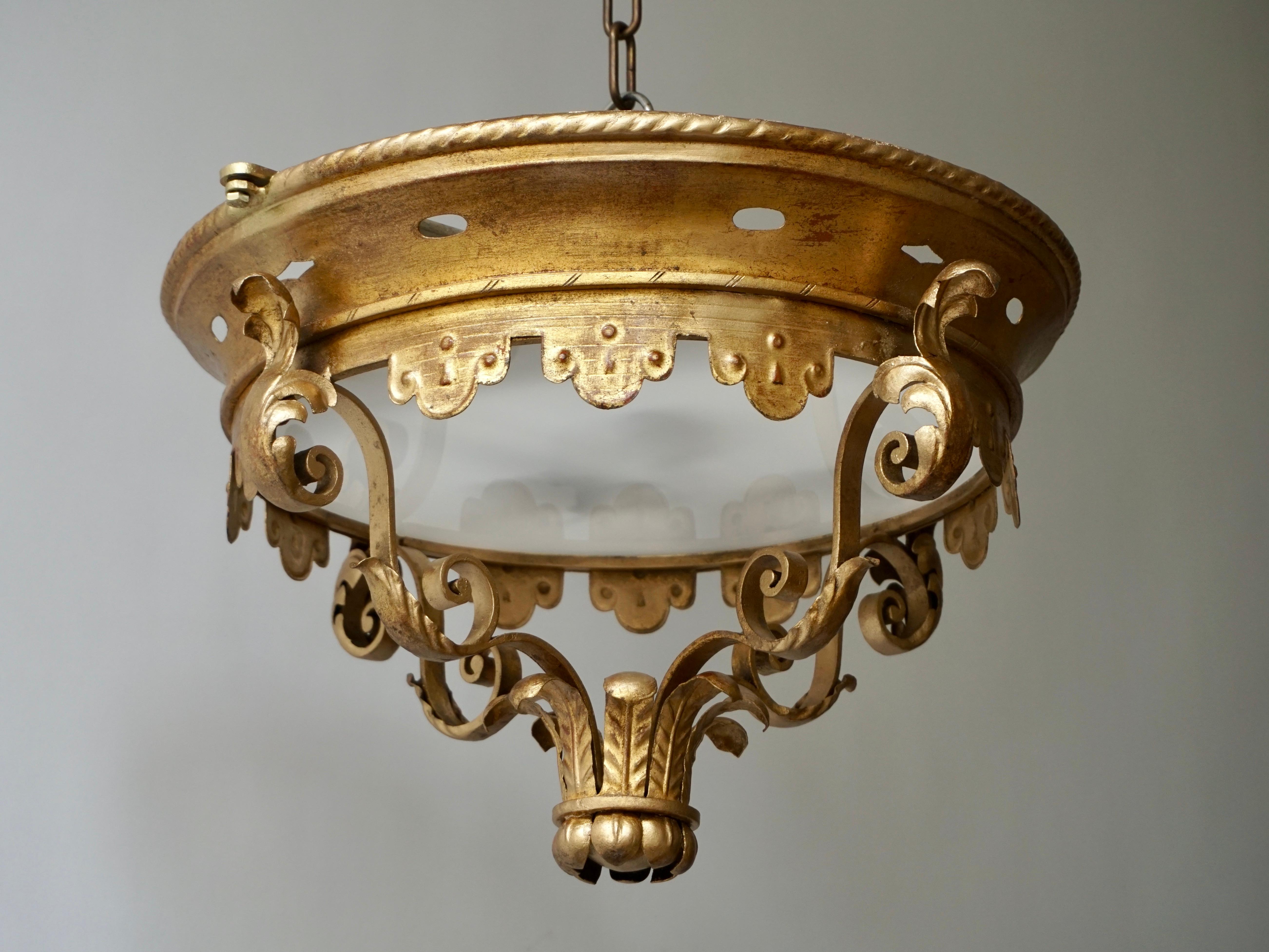 Italian Gilt and Satin Glass Flush Mount Light In Good Condition In Antwerp, BE