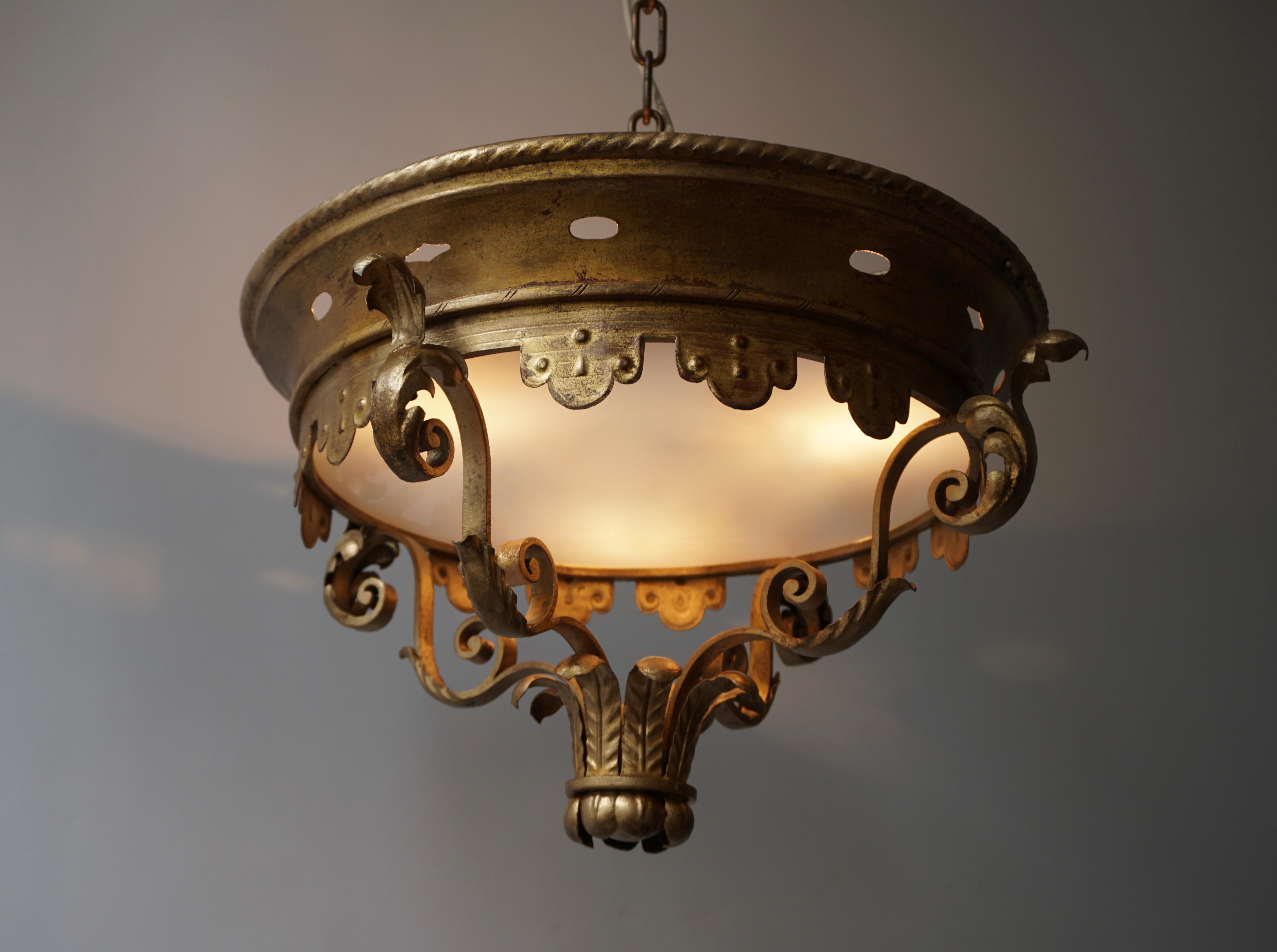 20th Century Italian Gilt and Satin Glass Flush Mount Light