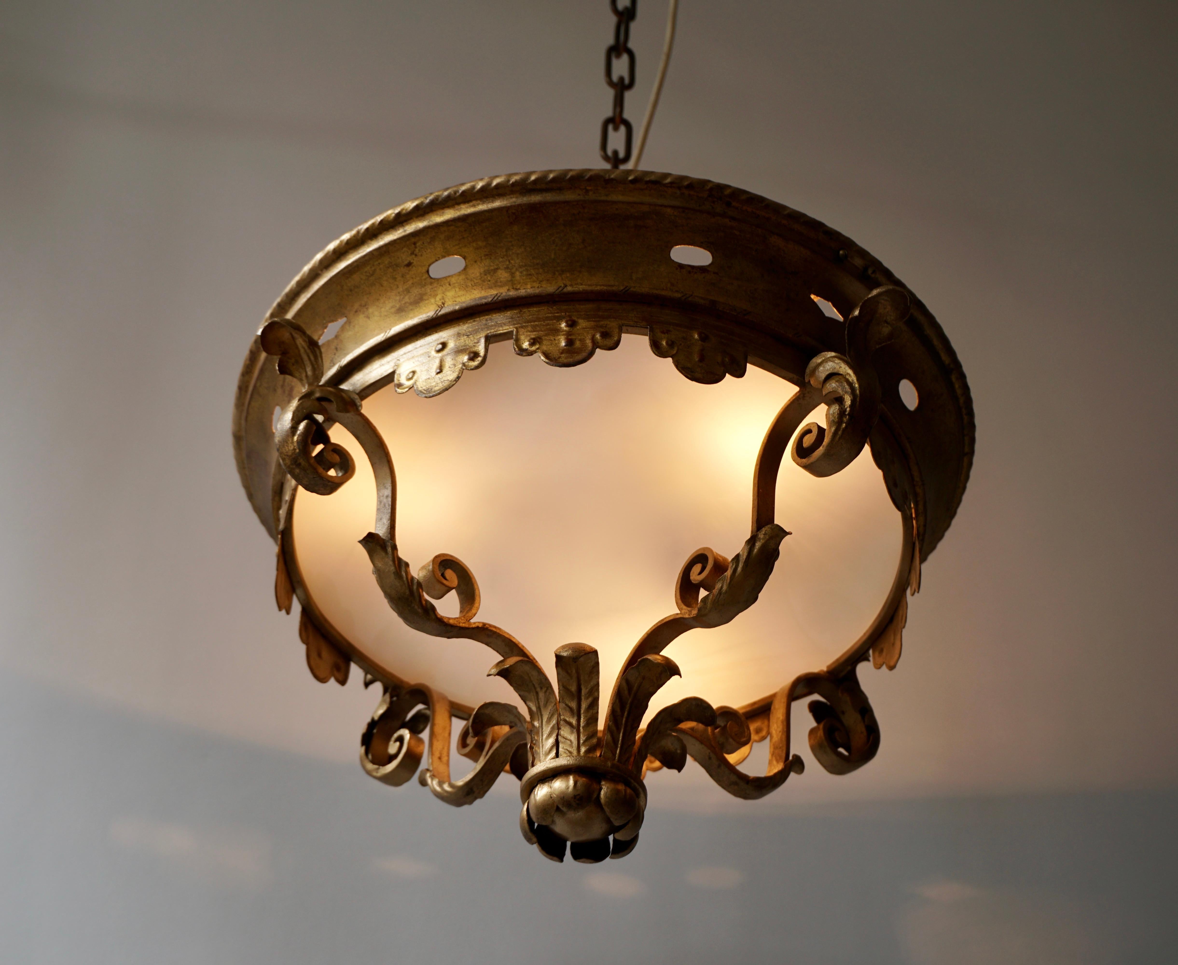 Italian Gilt and Satin Glass Flush Mount Light 3