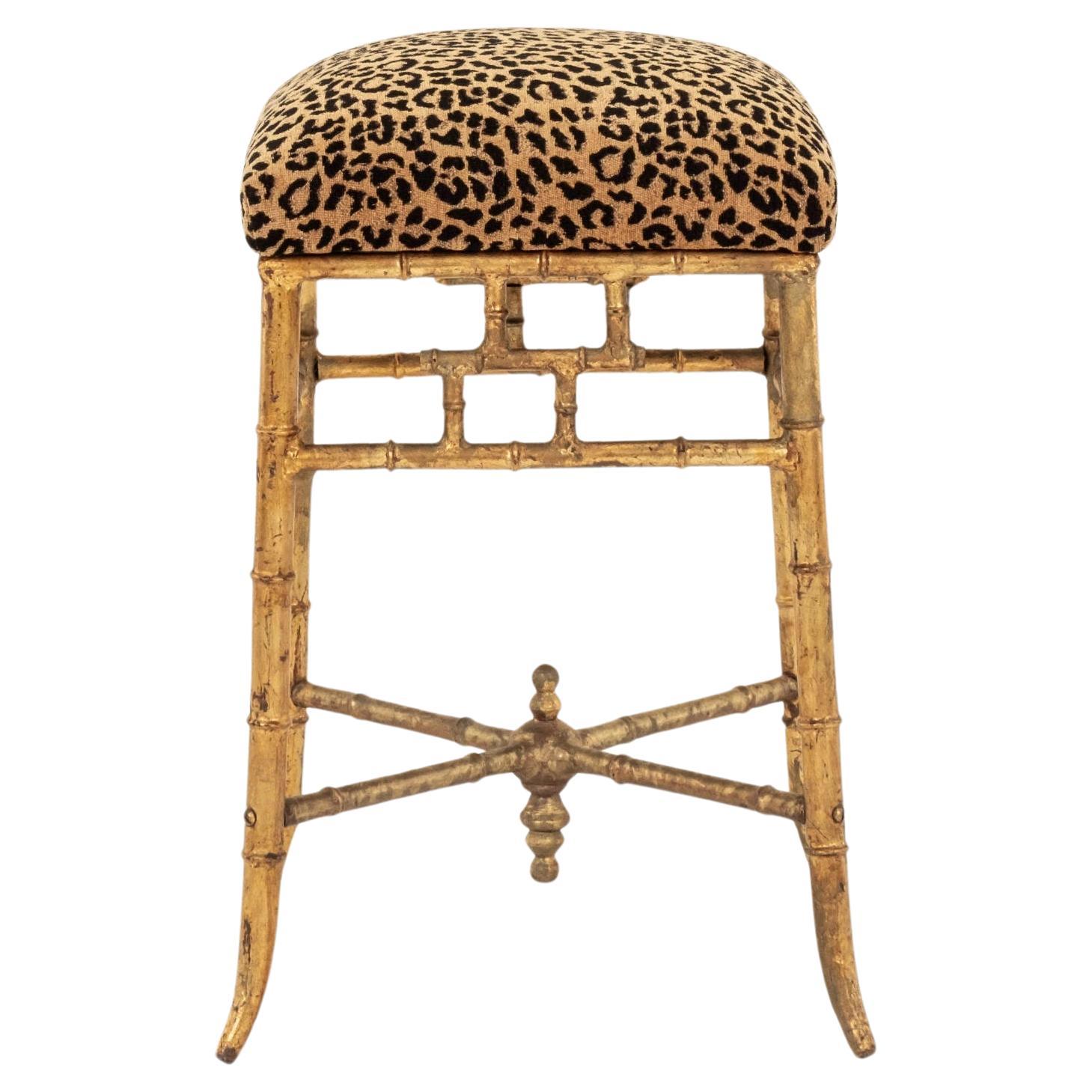 Italian Gilt Bamboo Leopard Velvet Stool