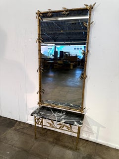 Italian Gilt Bamboo Mirror with Black Marble Console and Leaf Motif, Mid-Century