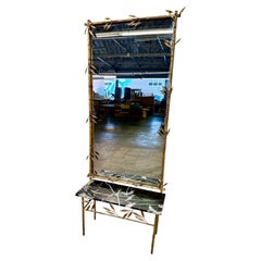 Italian Gilt Bamboo Mirror with Black Marble Console and Leaf Motif, Mid-Century