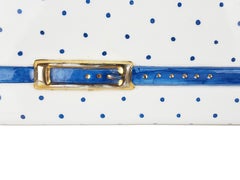 Scatola italiana in ceramica dorata e blu degli anni '70-'80 con pois e tracolla