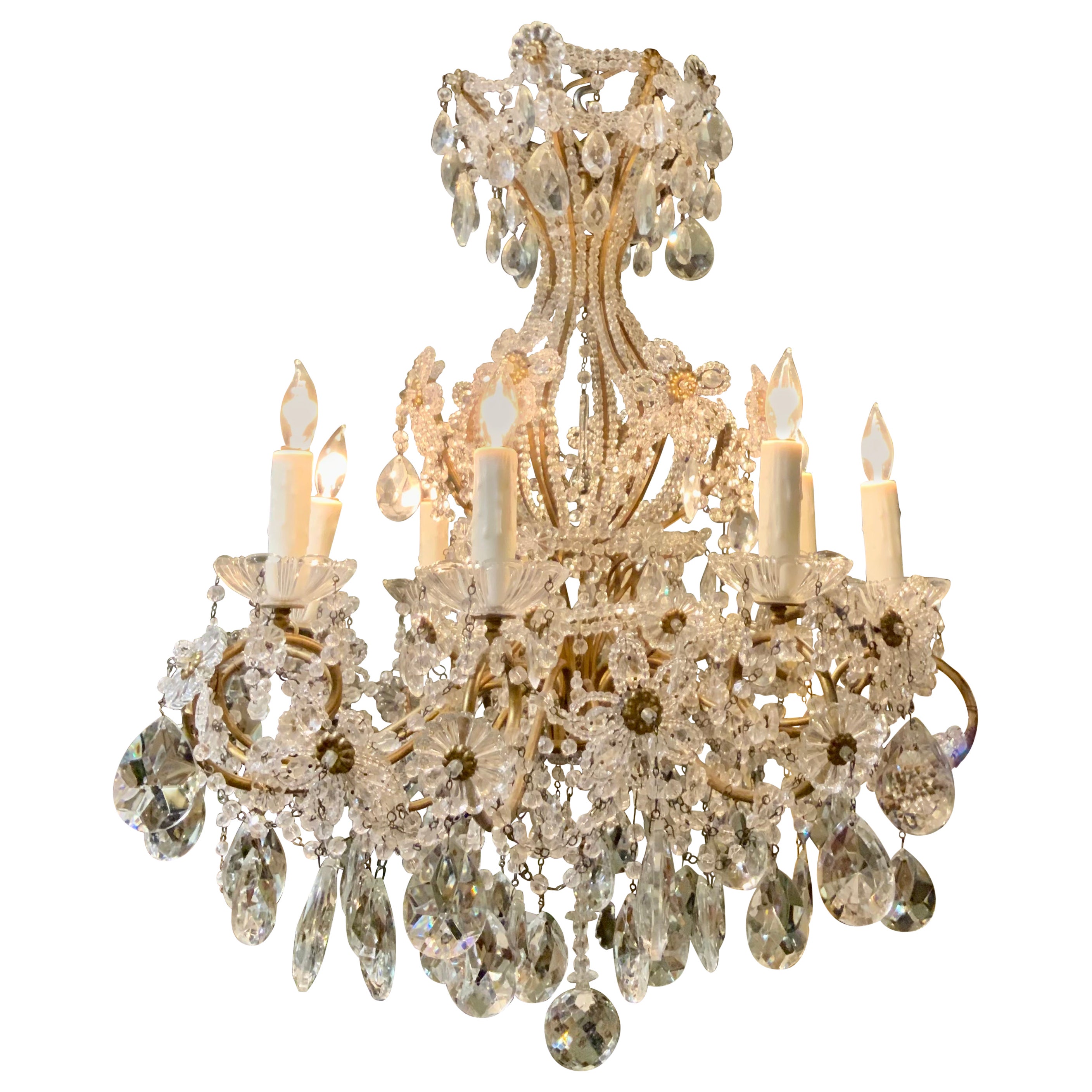 Lampadario italiano in ottone dorato e cristallo a otto luci