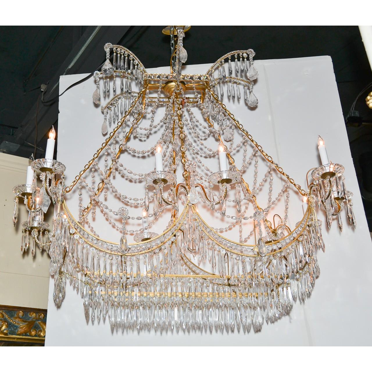 Contemporary Italian Gilt Brass and Crystal Elongated Chandelier