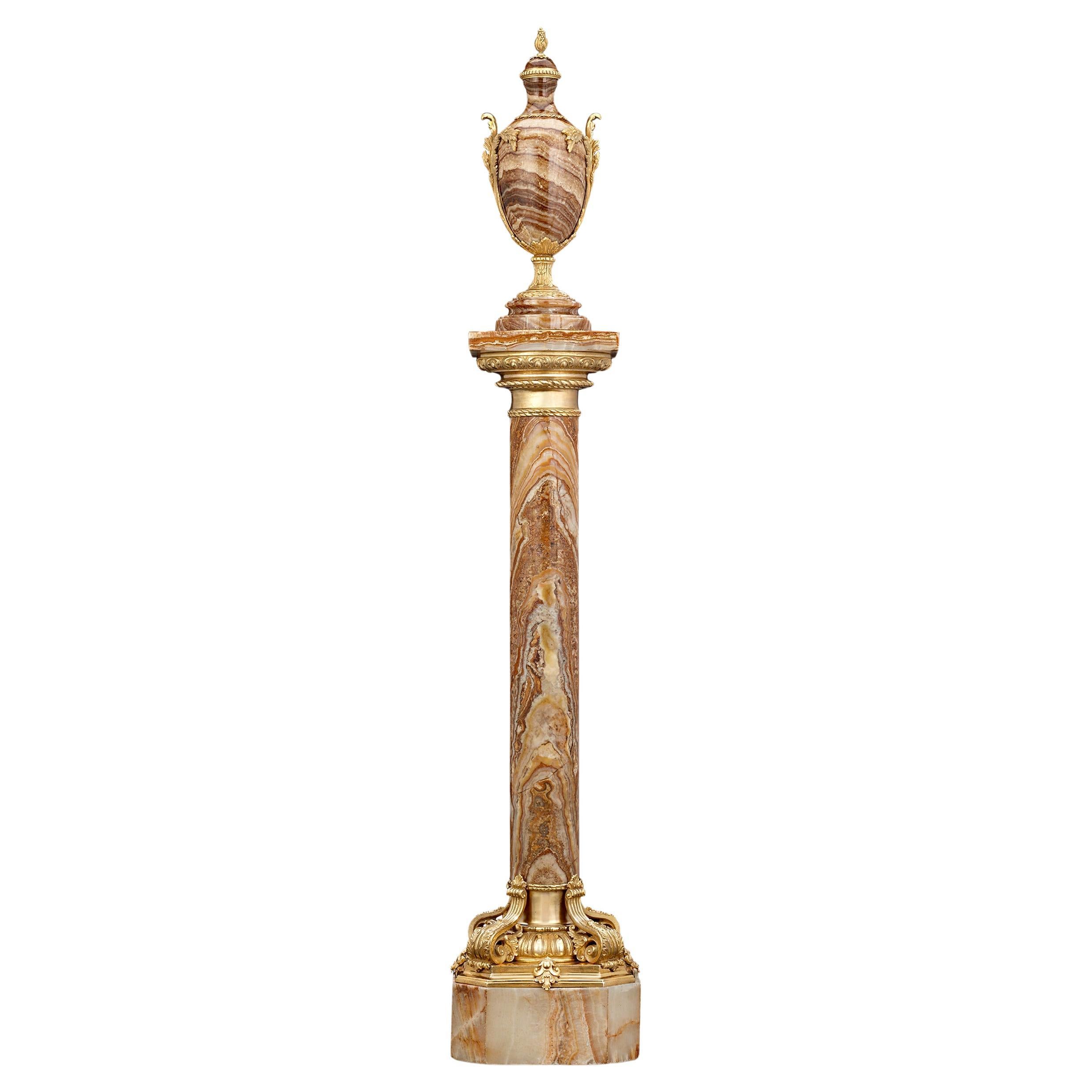 Italian Gilt Bronze And Marble Pedestal With Urn