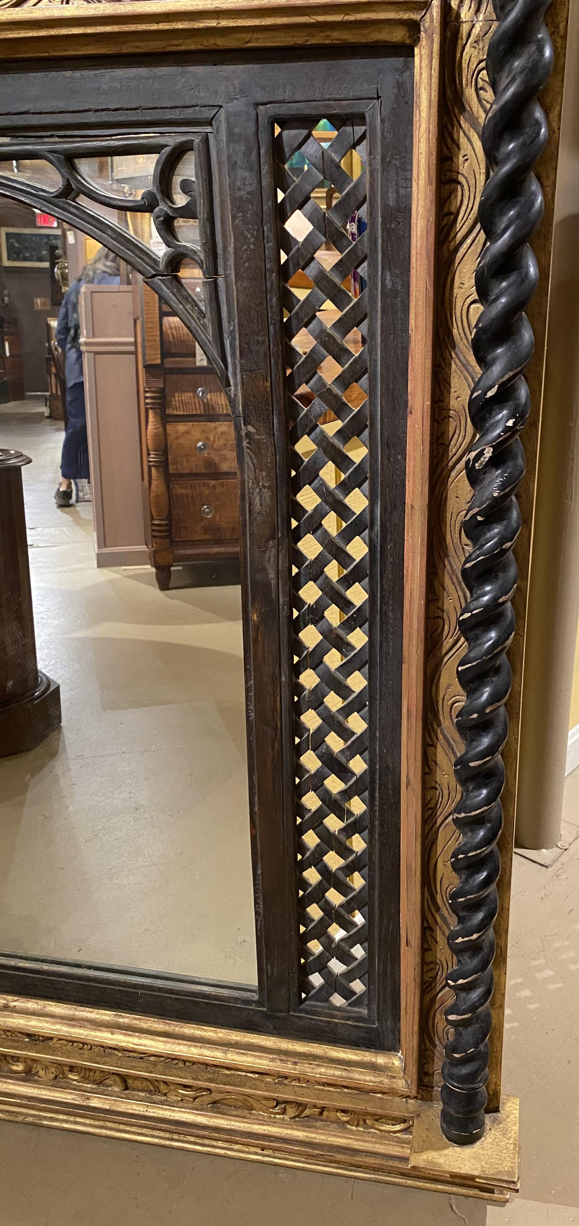 Baroque Revival Italian Gilt Carved Over Mantle Mirror with Lattice and Barley Twist Columns For Sale