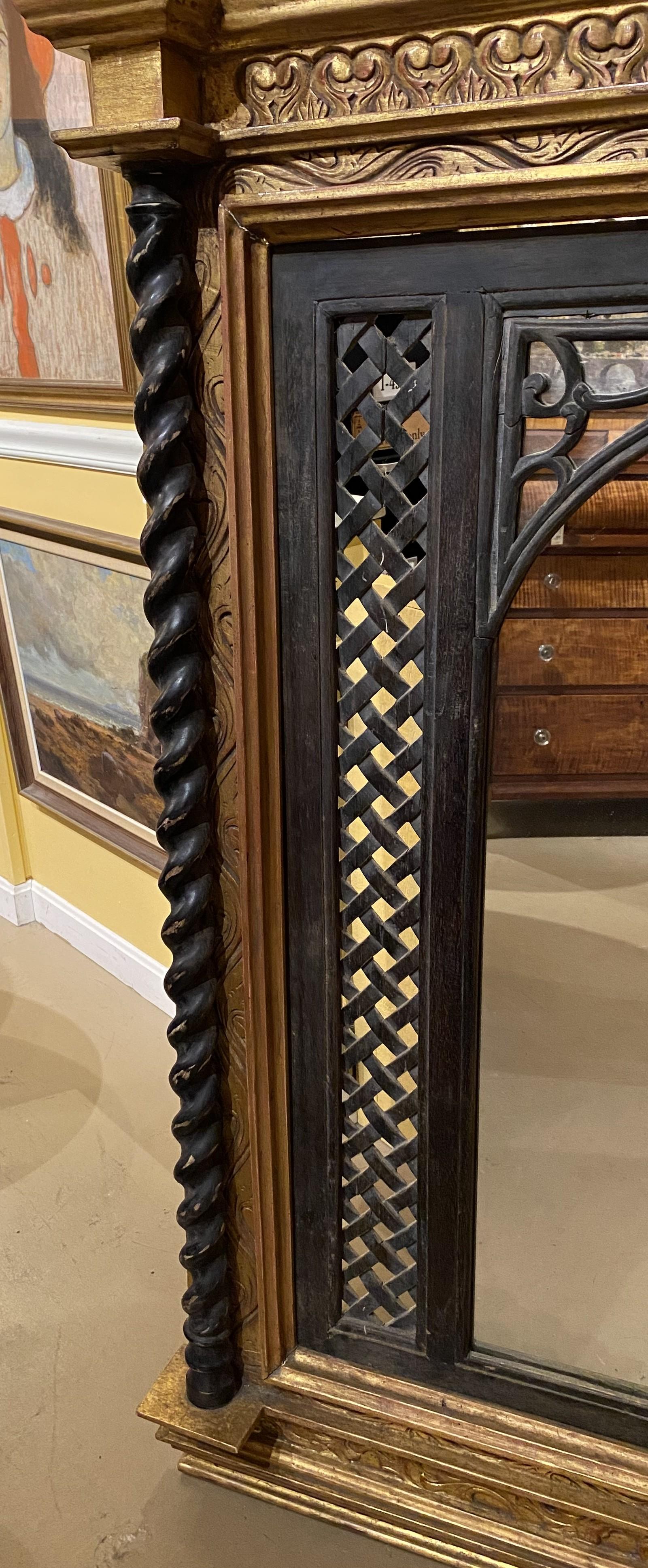Hand-Carved Italian Gilt Carved Over Mantle Mirror with Lattice and Barley Twist Columns For Sale