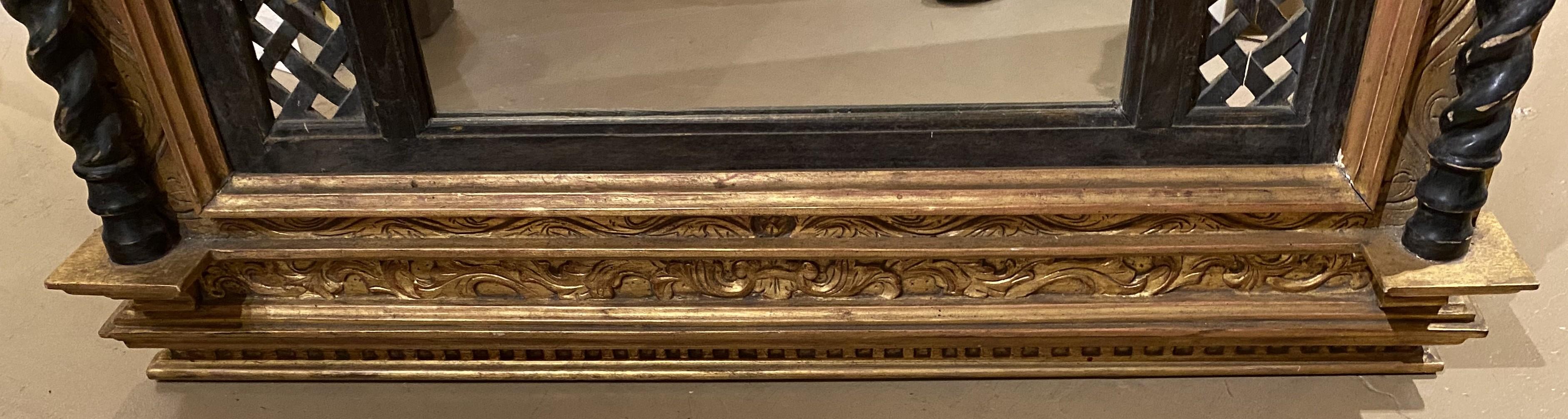 Italian Gilt Carved Over Mantle Mirror with Lattice and Barley Twist Columns In Good Condition For Sale In Milford, NH