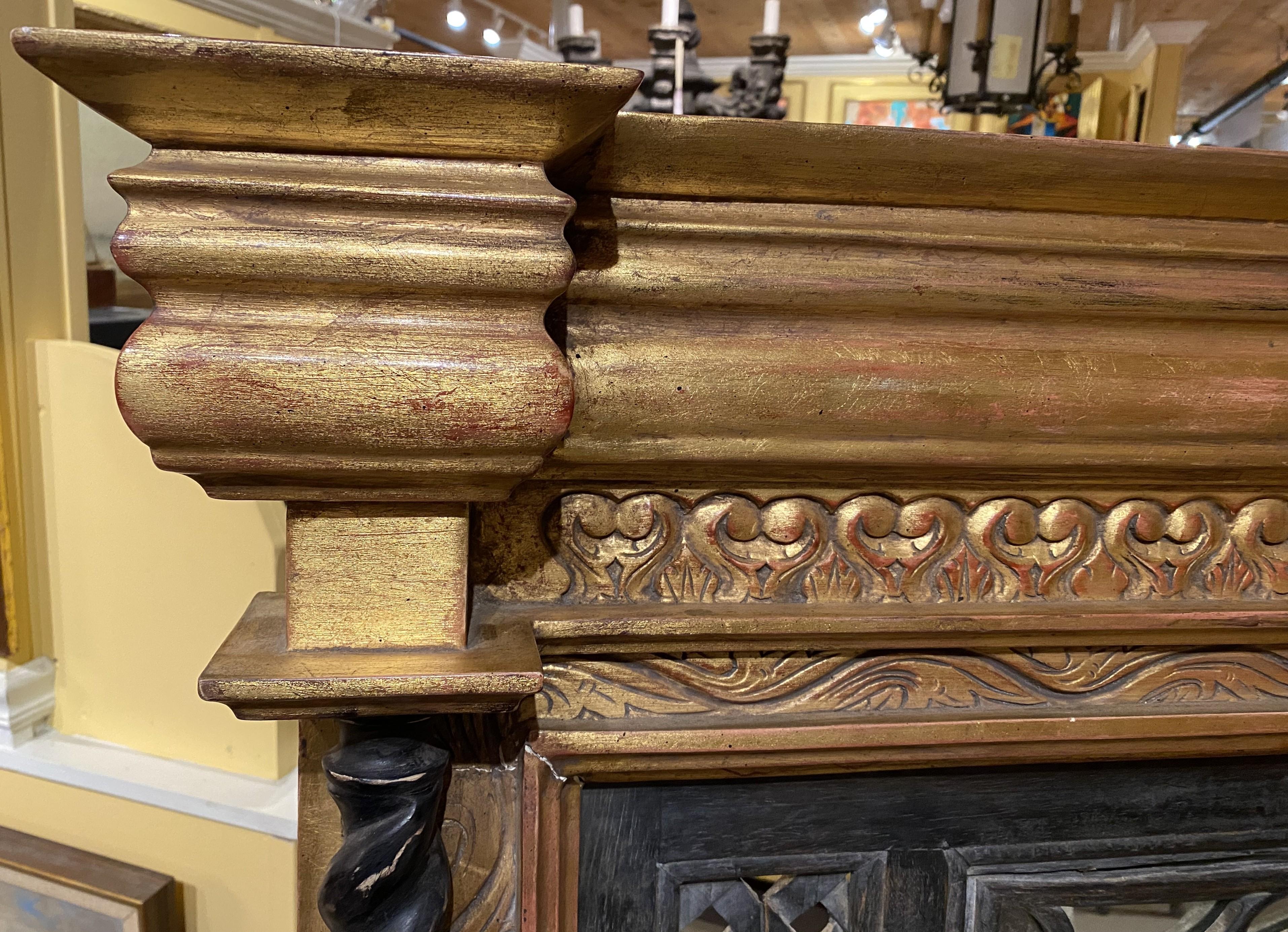 20th Century Italian Gilt Carved Over Mantle Mirror with Lattice and Barley Twist Columns For Sale