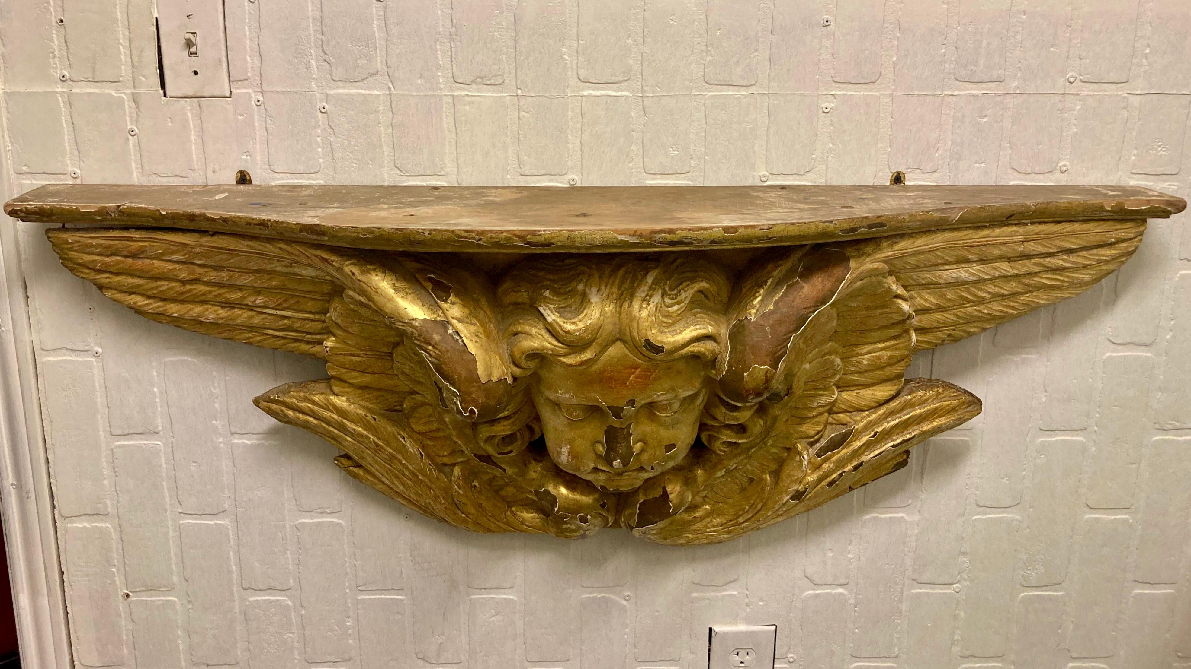 Other Italian Gilt Carved Wood Angel Wall Mounted Console For Sale