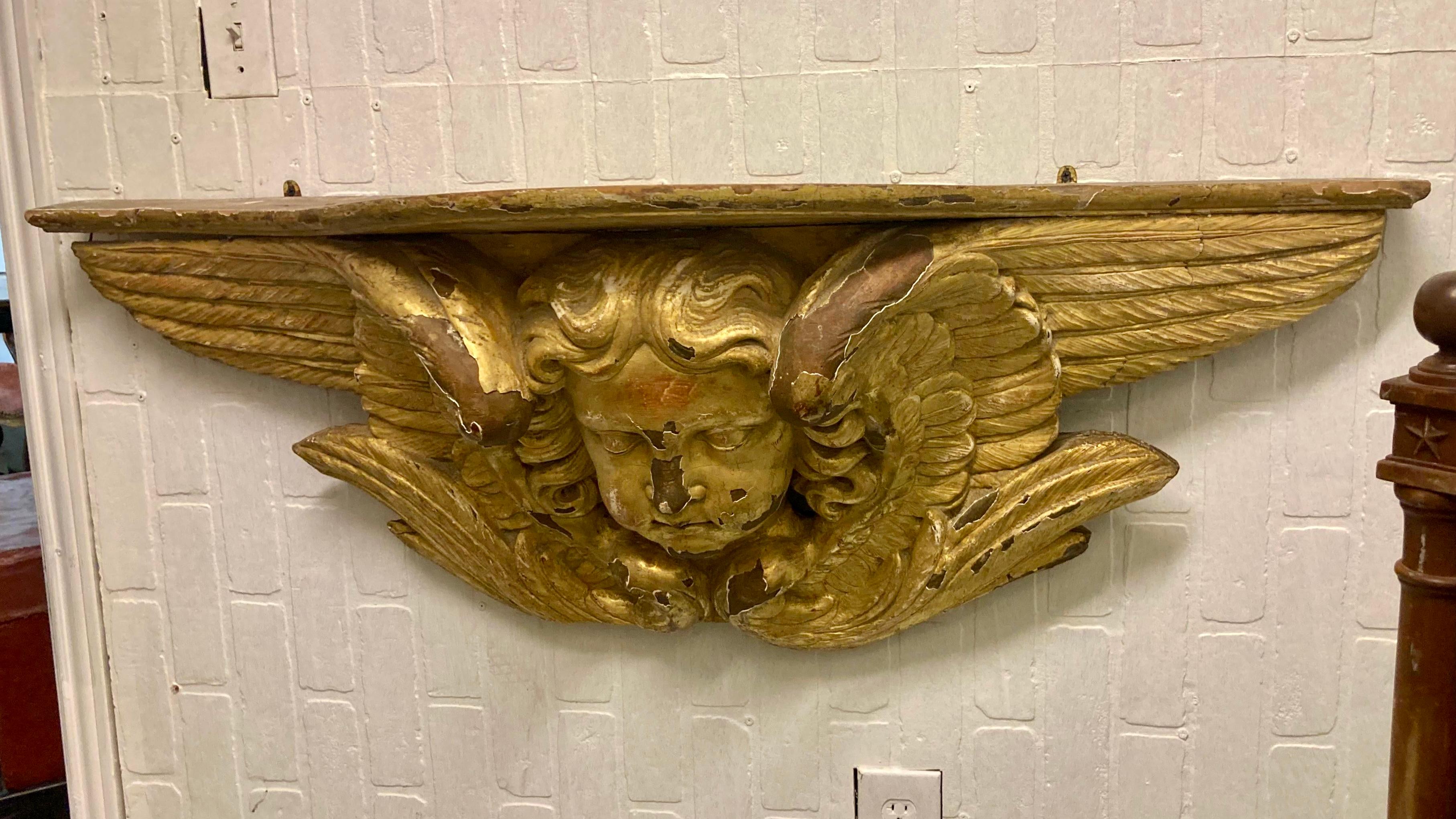 Italian Gilt Carved Wood Angel Wall Mounted Console For Sale 2