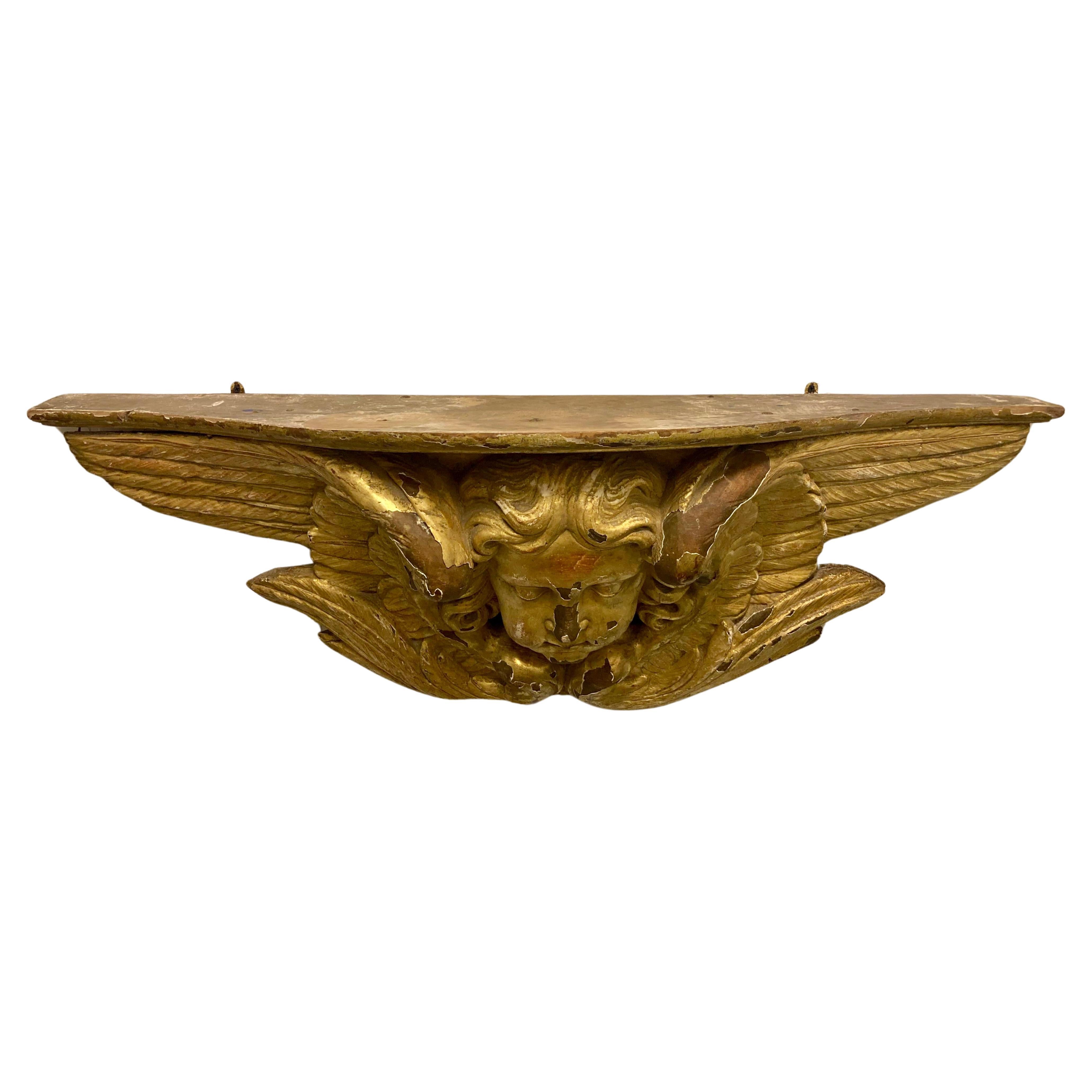 Italian Gilt Carved Wood Angel Wall Mounted Console