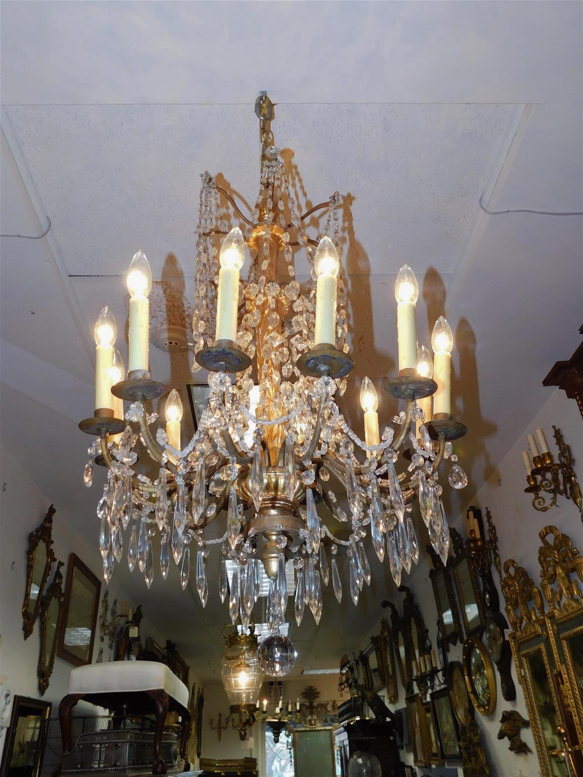 Neoclassical Italian Gilt Carved Wood & Crystal Ten Light Bronze Arm Chandelier, Circa 1790 For Sale
