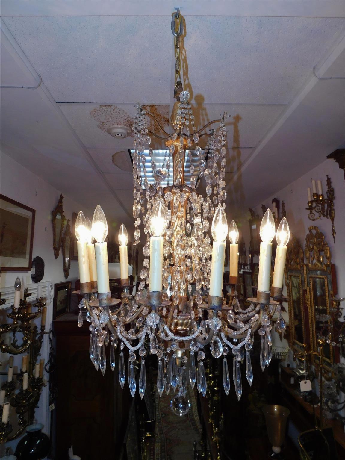 Hand-Carved Italian Gilt Carved Wood & Crystal Ten Light Bronze Arm Chandelier, Circa 1790 For Sale
