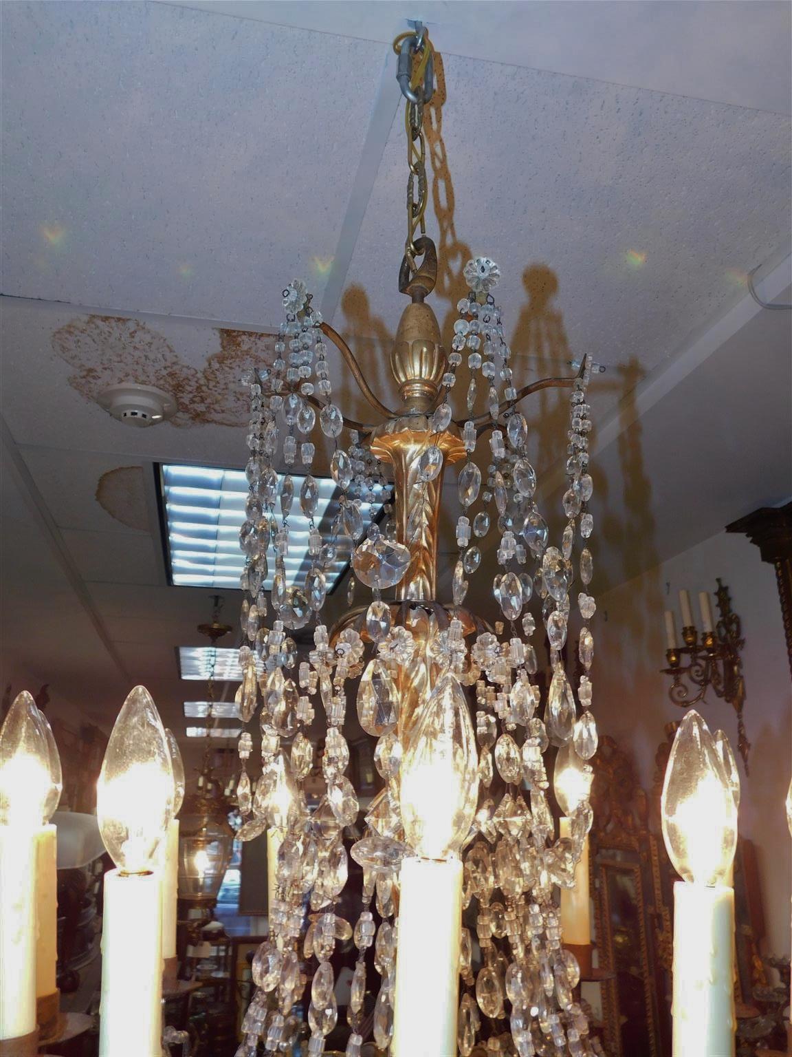 Italian Gilt Carved Wood & Crystal Ten Light Bronze Arm Chandelier, Circa 1790 In Excellent Condition For Sale In Hollywood, SC
