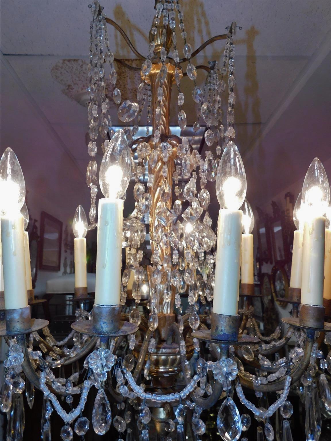 Late 18th Century Italian Gilt Carved Wood & Crystal Ten Light Bronze Arm Chandelier, Circa 1790 For Sale