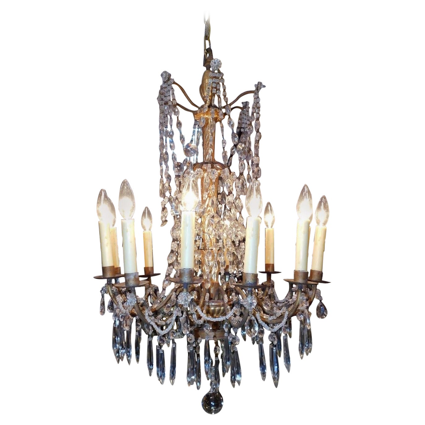 Italian Gilt Carved Wood & Crystal Ten Light Bronze Arm Chandelier, Circa 1790