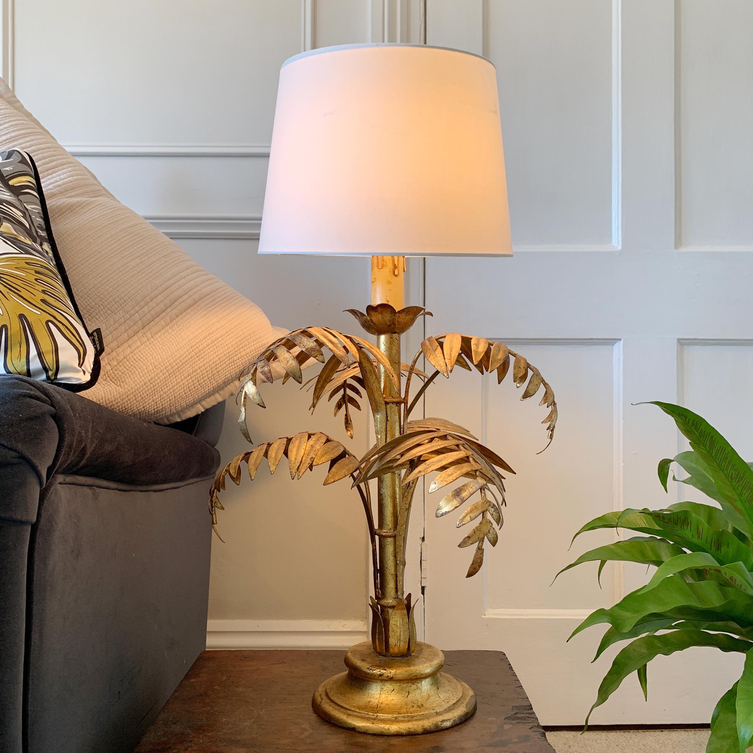 Mid-Century Modern Italian Gold Faux Bamboo Palm Table Lamp 1950s For Sale